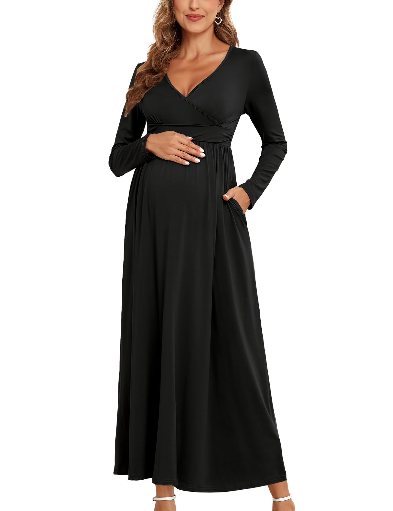2025 Women's Maternity Maxi Dress - Long Sleeve Wrap V-Neck Pregnancy Dress with Pockets for Baby Shower, Photoshoot & Formal Occasions | Comfortable Nursing Dress for Expecting Mothers