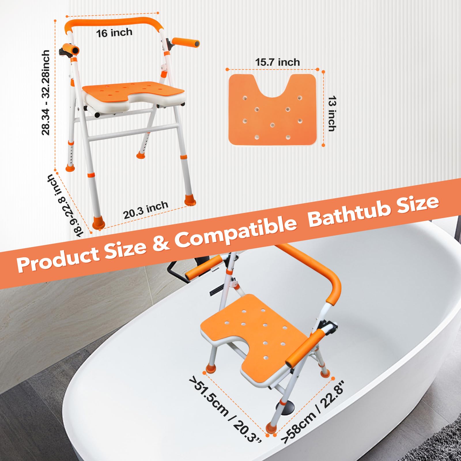 Foldable Shower Chair with Arms & Back - Adjustable Height Portable Bath Seat for Elderly, Seniors & Disabled - Non-Slip Folding Shower Stool for Safe Bathing & Shower Assistance (Ideal for Home Care, Rehabilitation & Mobility Support)