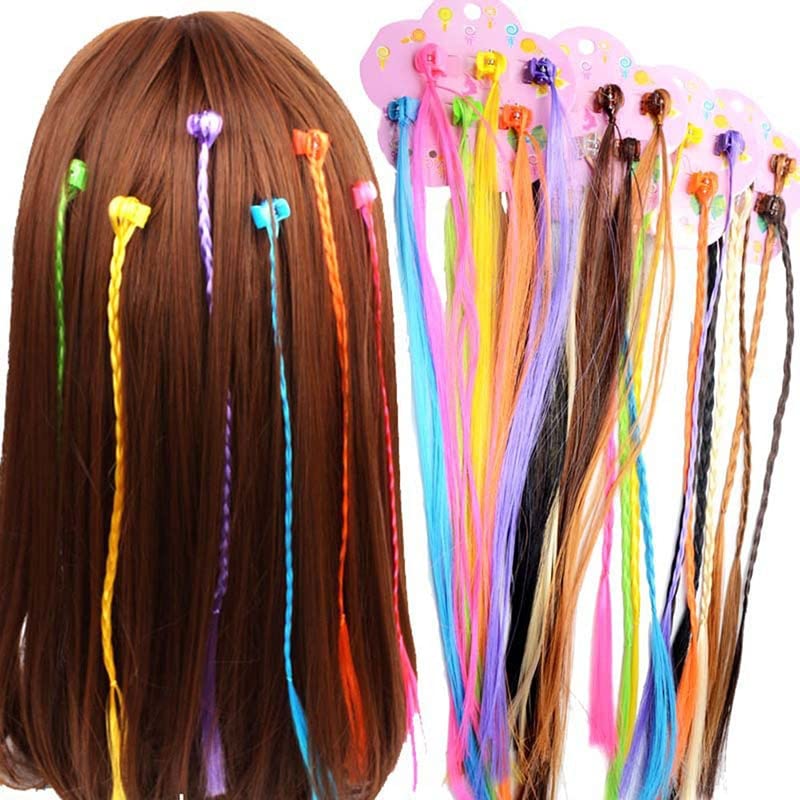 Kids Hair Extensions with Clips - 12 PCS Braided Multi-Colored Straight Wigs for Girls & Women | Shiny Neon Synthetic Hair Extensions for Parties, Cosplay & Daily Styling