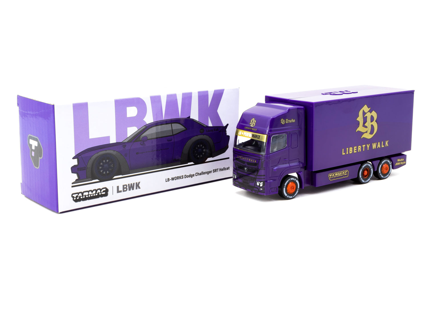 Tarmac Works 1/64 LB WORKS Dodge Challenger SRT Hellcat Purple Diecast Model Car with Truck - Collectible Miniature for Display, Racing Enthusiasts & Car Lovers