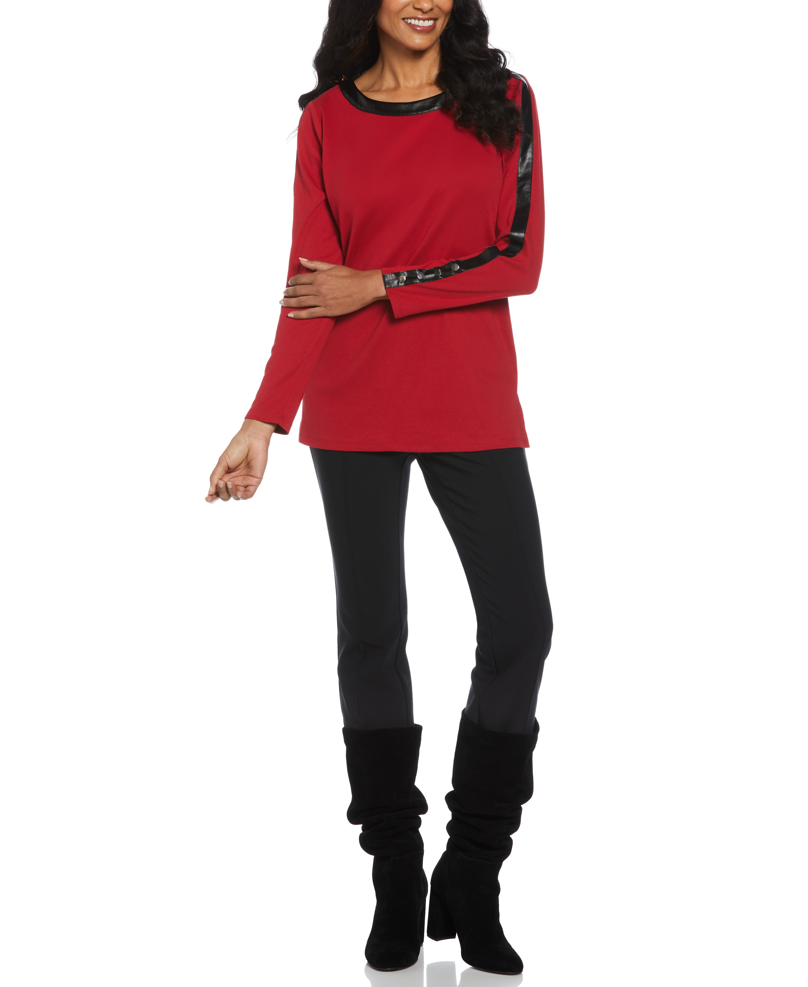 Stylish Ribbed PU Trim Tunic Top for Women - Trendy Casual & Office Wear - Perfect for Layering, Work Outfits, and Everyday Fashion