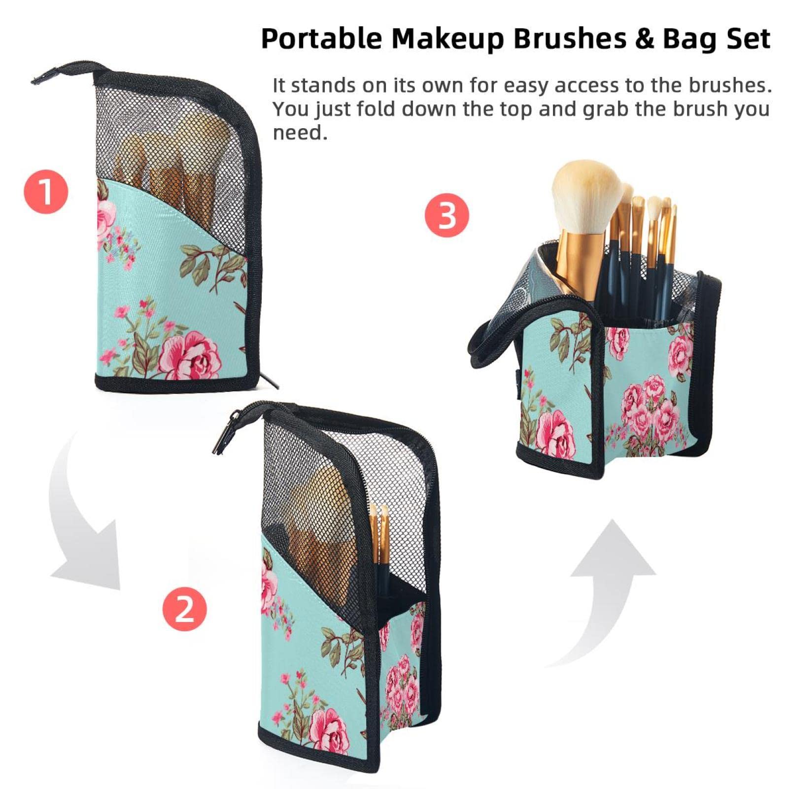 Floral Rose Makeup Brush Organizer Bag with 12 Brushes - Portable Minimalist Cosmetic Brush Holder Case for Travel & Home Vanity Organization