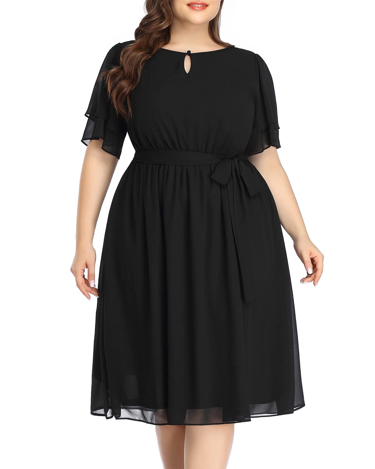 **Plus Size Chiffon Cocktail Dress for Women - Elegant Keyhole Neck Semi-Formal Midi Dress for Wedding Guest, Party & Special Occasions**