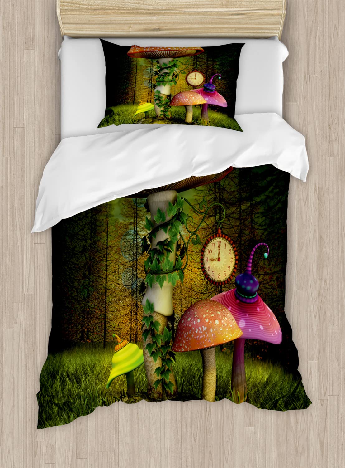 Ambesonne Fantasy Duvet Cover Set - Twin Size 2-Piece with Enchanted Forest Giant Mushrooms & Elves Design, Green Coral - Perfect for Kids' Bedrooms, Fantasy Themed Rooms & Cozy Bedding Decor