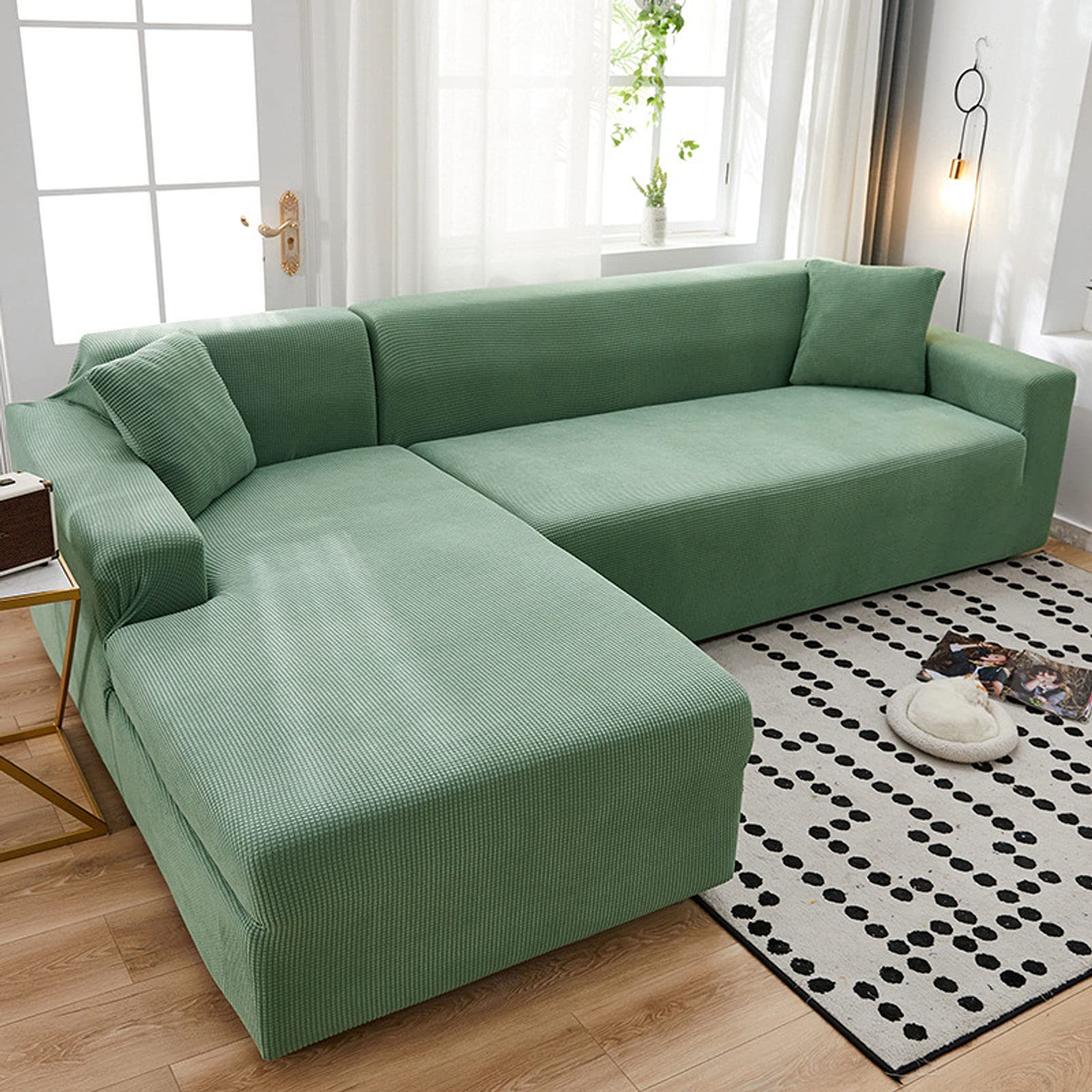 Stretch L-Shaped Sofa Cover for Sectional Couches - 2-Piece Jacquard Spandex Furniture Protector - Pet-Friendly Living Room Couch Cover - Green - Fits 3-Seater + 3-Seater - Perfect for Home Decor & Pet Protection