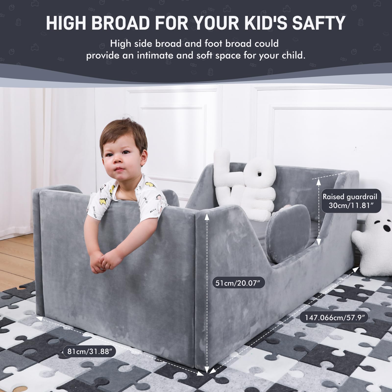 Safe & Sturdy Toddler Bed for Kids - Standard Crib Size with Extra Safety Rails, Certified Fabric Toddler Floor Bed (Gray) - Perfect for Nursery, Daycare & Transitioning from Crib to Big Kid Bed