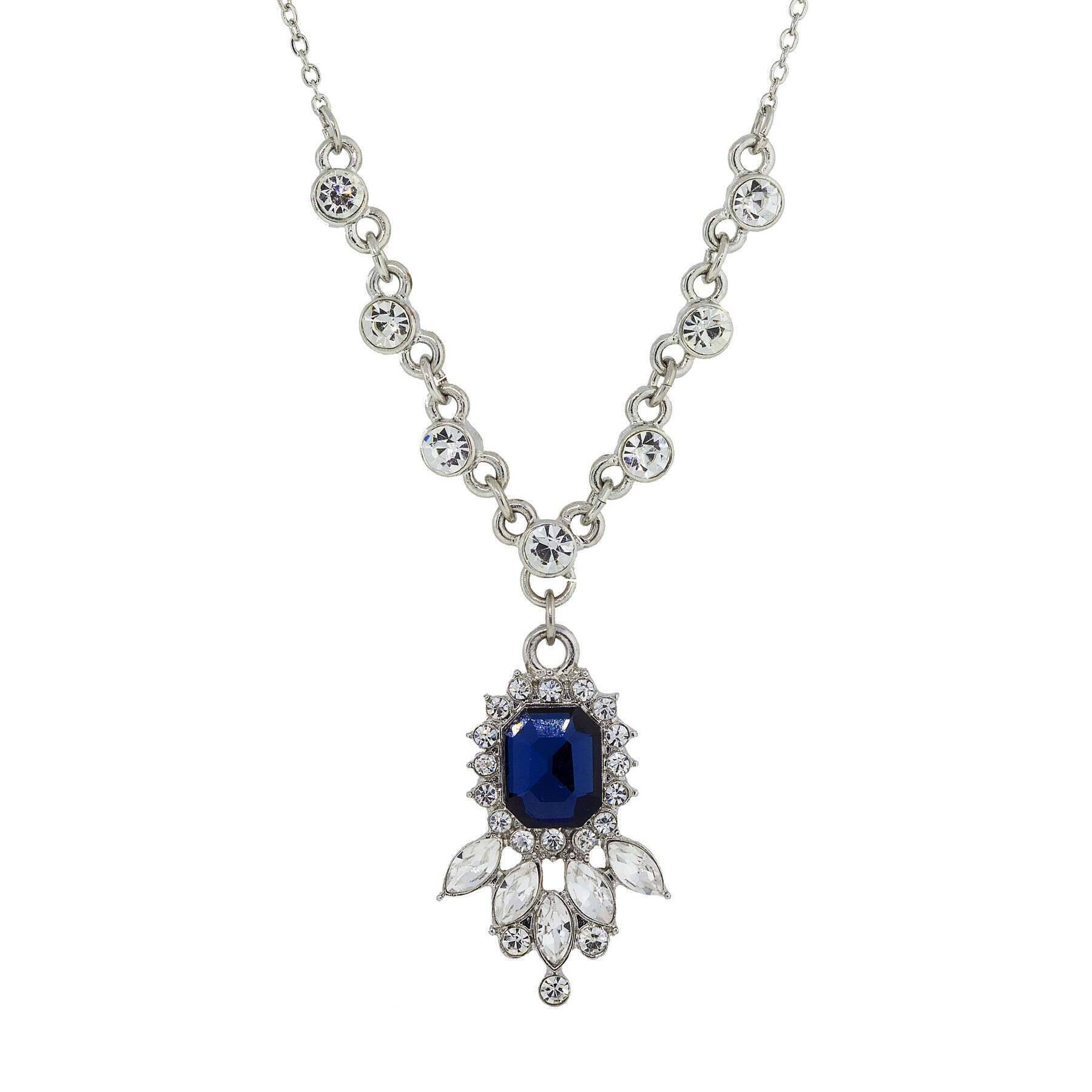 1928 Jewelry Blue Estate Sapphire Crystal Pendant Necklace - 16