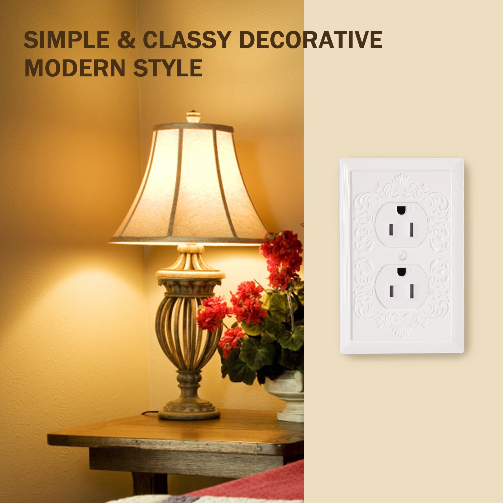 Petal Relief Design White Modern Decorative Outlet Covers & Light Switch Plates - Classic Style Duplex Receptacle Wall Plates, 4.9 x 3.1 Inch (10-Pack) - Perfect for Living Room, Bedroom & Office Decor