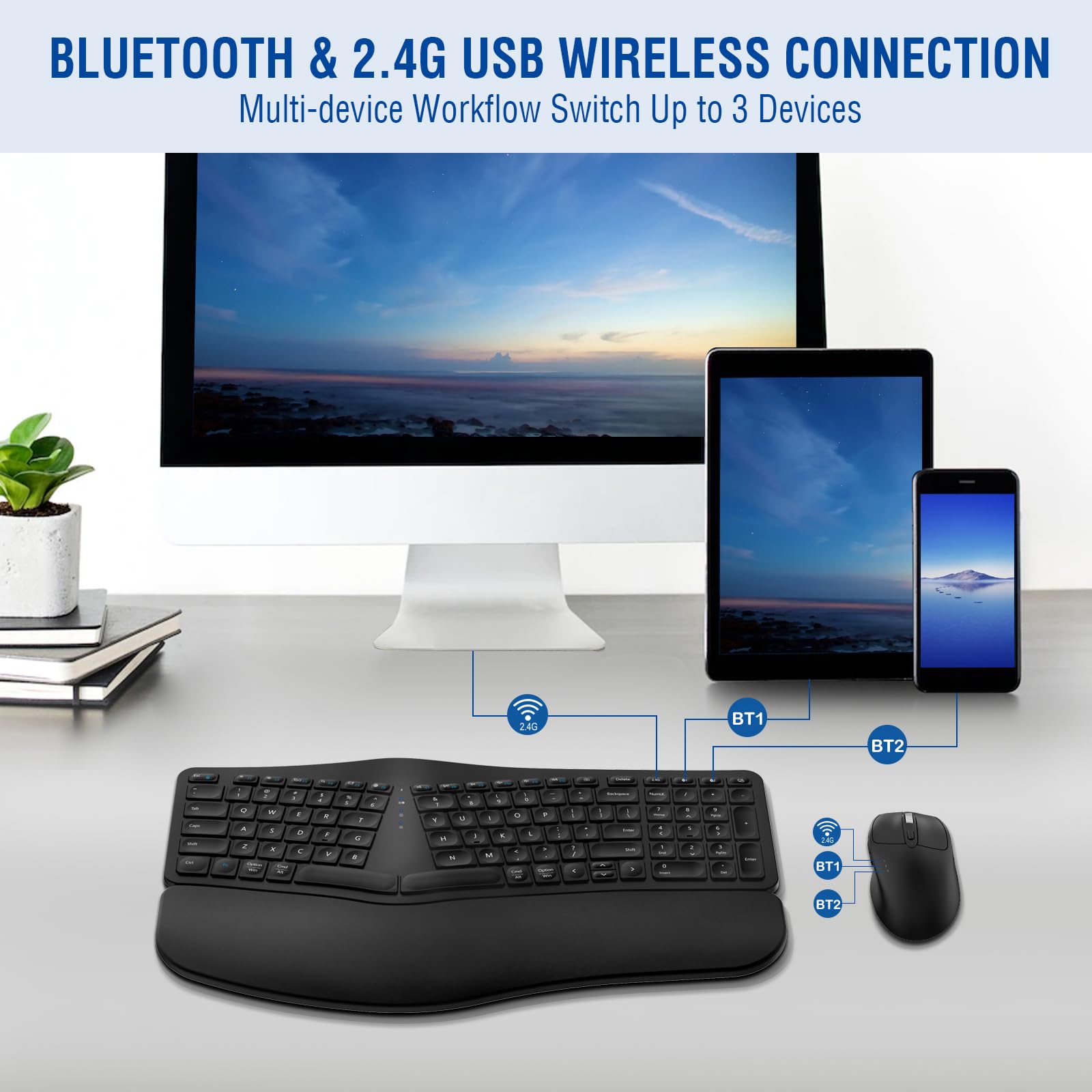 MK960 Ergonomic Wireless Keyboard and Mouse Combo - Bluetooth & 2.4G Split Design with Palm Rest, 4-Level DPI Adjustable Mouse, Rechargeable for Windows/Mac/Android - Perfect for Office, Gaming & Home Use