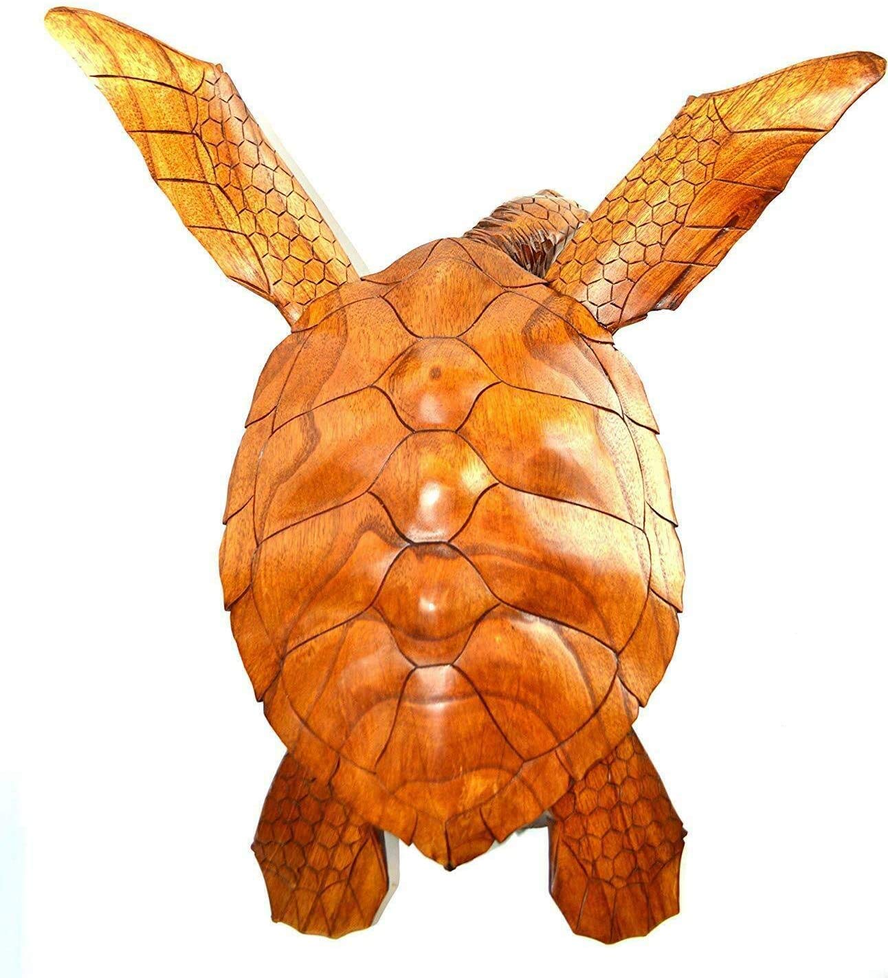 Hand Carved Mahogany Wood Turtle Statue - Unique Ocean Coral Decor, Large Handmade Turtle Sculpture for Home, Office & Beach House Decor
