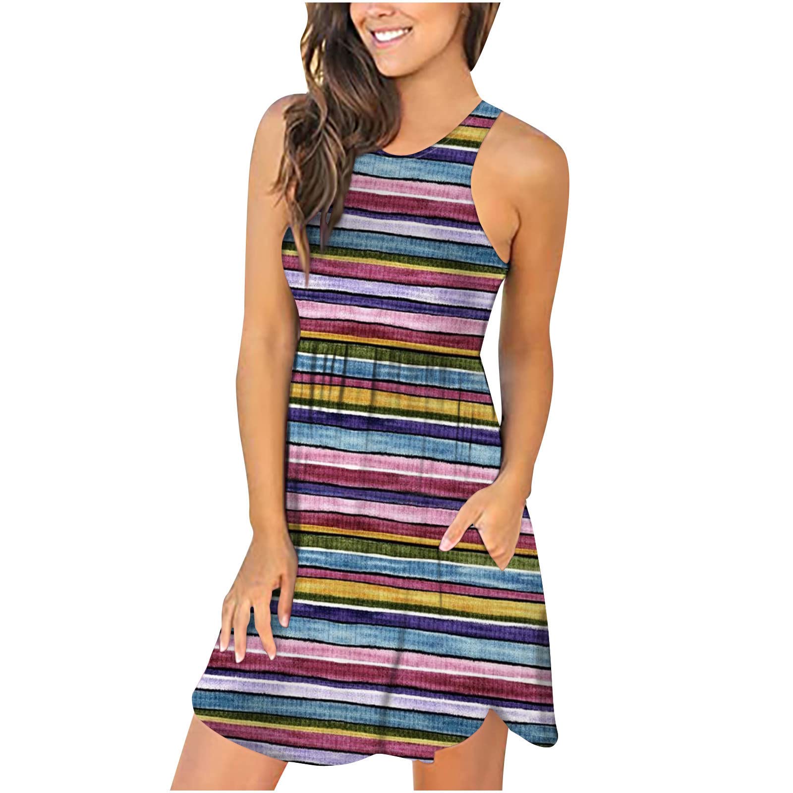 PATLOLLAV Women's Summer Casual T-Shirt Dress - Sleeveless Tank Beach Dress with Pocket, Loose Round Neck Racerback Print Dress | Perfect for Beach Outings, Vacation Wear & Casual Summer Fashion
