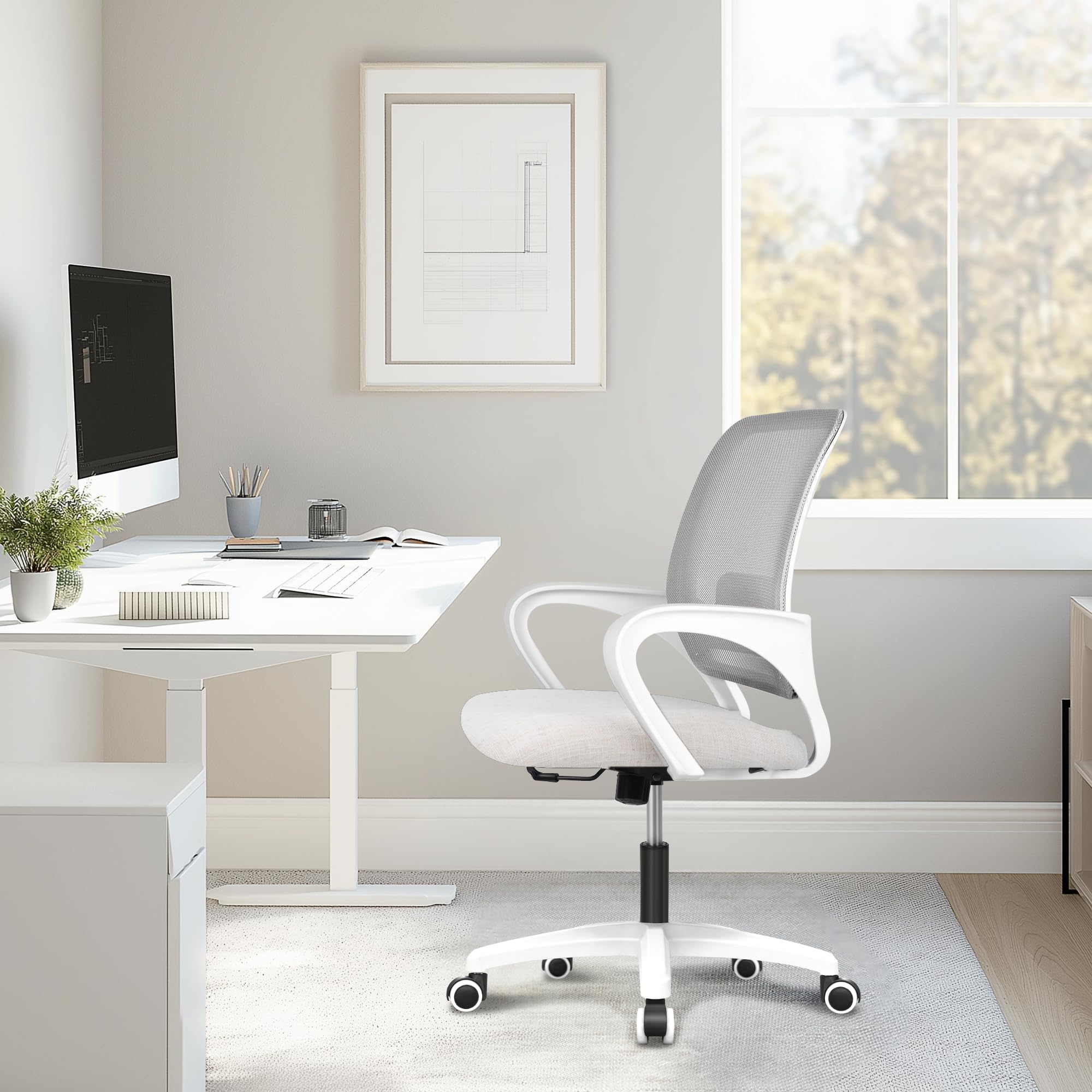 Ergonomic Mesh Office Chair with Adjustable Height & Lumbar Support - Modern Swivel Computer Desk Chair with Rolling Wheels for Home Office, Study, Bedroom & Vanity Areas - Comfortable Mid Back Executive Chair (Ivory) - Perfect for Long Work Hours, Gaming & Home Workspaces