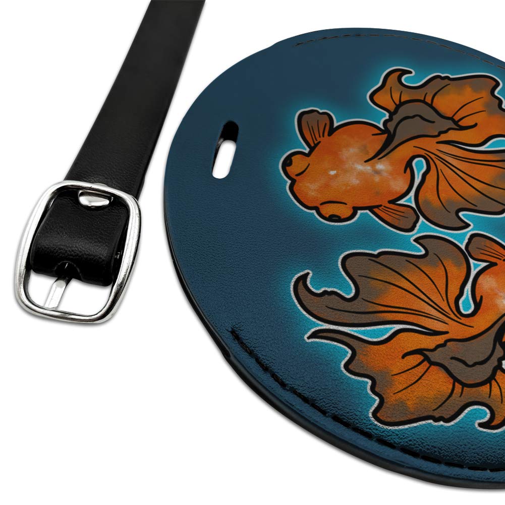 Japanese Goldfish Round Leather Luggage Tag - Waterproof Suitcase ID Card Holder for Travel - Perfect for Carry-On Bags, Backpacks & Suitcases