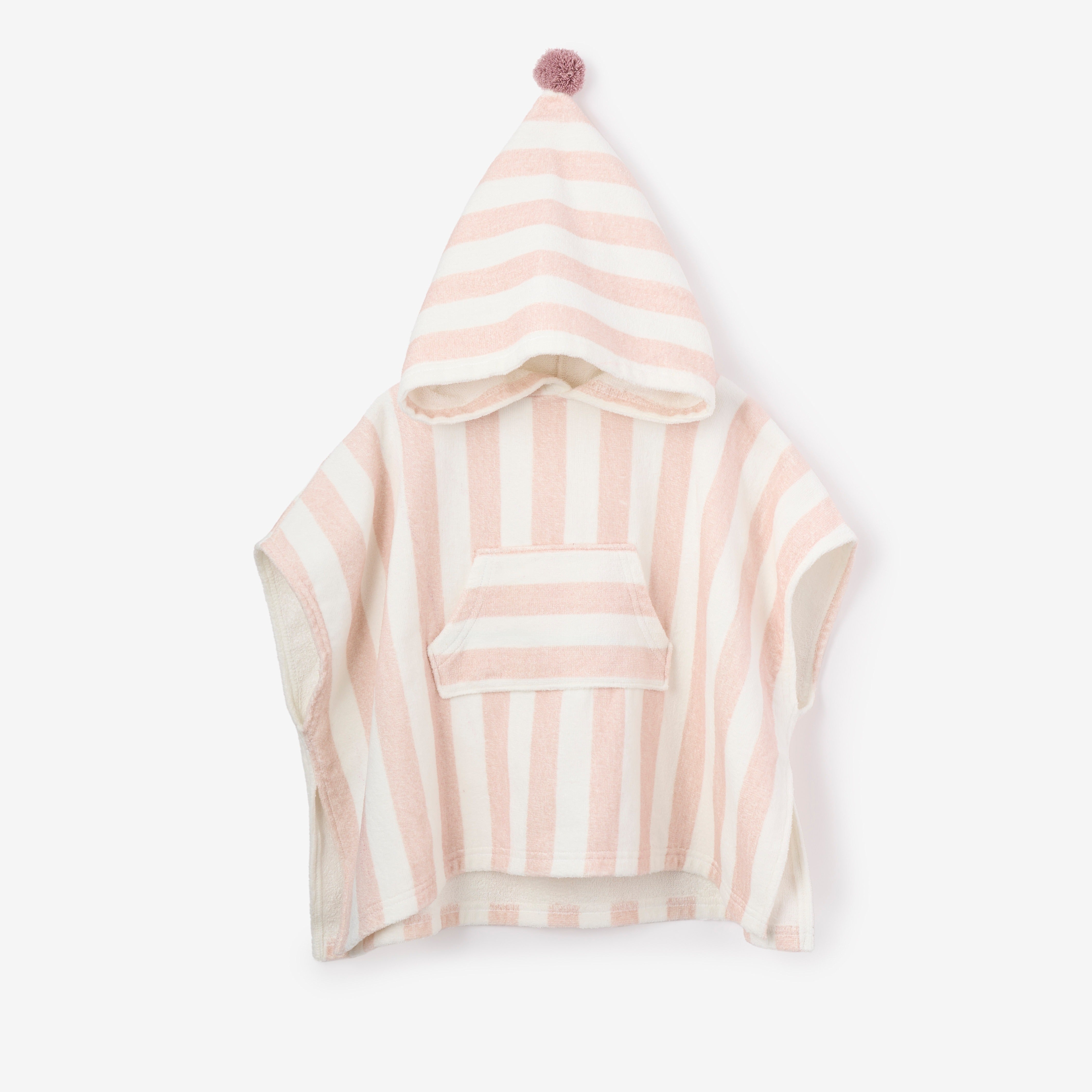 Stylish Pink Stripe Hooded Terry Poncho for Women - Cozy Lounge Wear & Outdoor Cover-Up - Perfect for Yoga, Beach, and Casual Wear