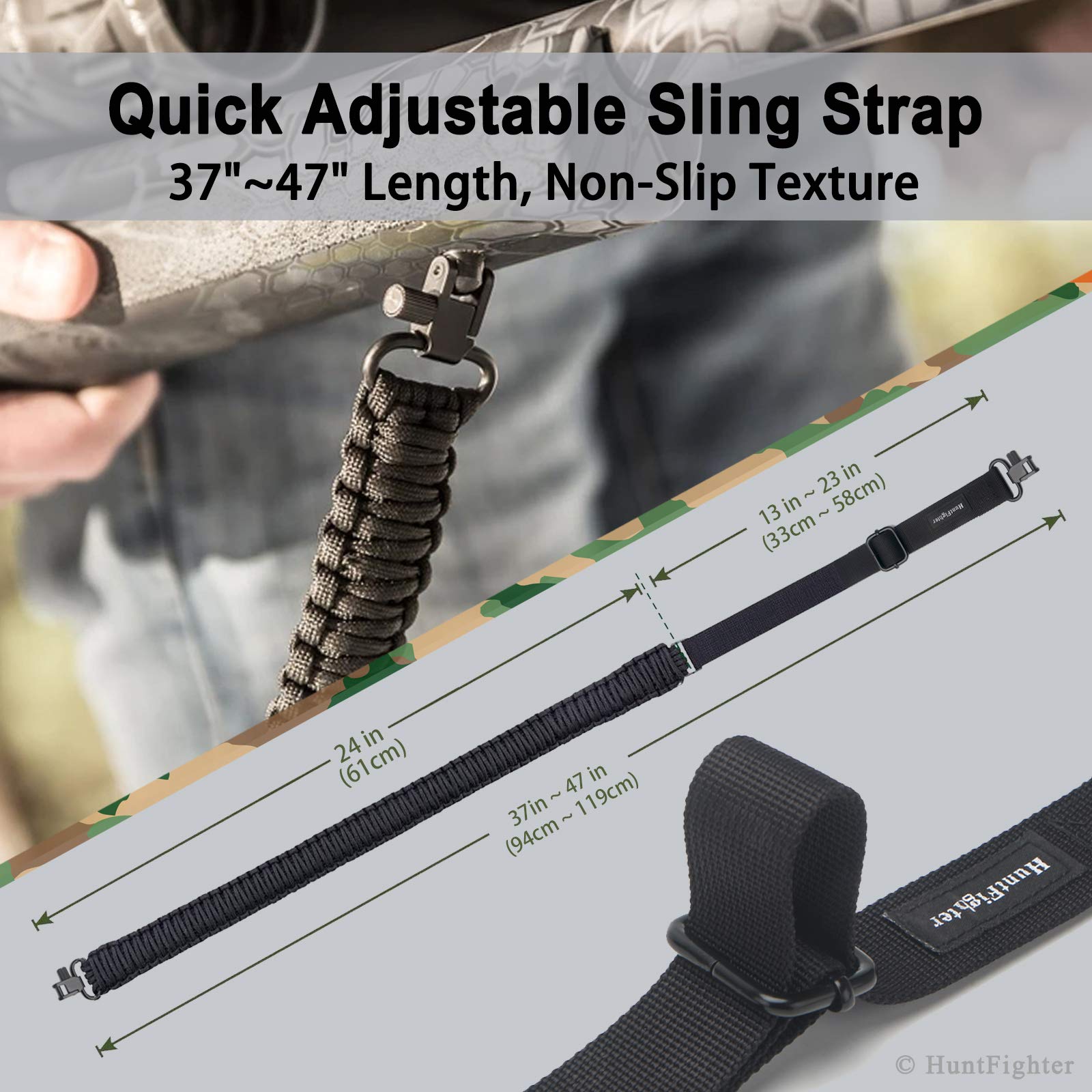 HuntFighter Adjustable 2-Point Rifle Sling with Swivels - 550 Paracord Gun Sling for Hunting, Tactical & Outdoor Use - Quick Length Adjustment - Durable Black Shooting Accessory - Perfect for Hunting, Range Training & Field Operations