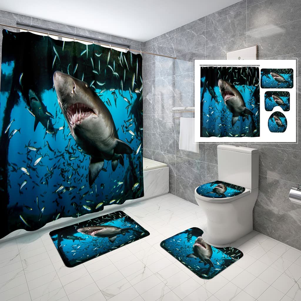 JiangLANY 4-Piece Bathroom Shower Curtain Set - Blue Ocean Theme with Sharks and Fish, Includes Shower Curtain & Bath Mat - Waterproof, Non-Slip for Kids, Teens & Adults - Perfect for Beach-Themed Bathrooms & Nautical Decor