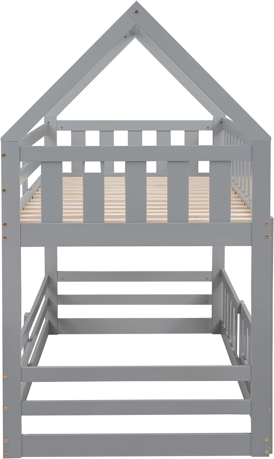 MERITLINE Twin Over Twin Wooden Bunk Bed with Safety Fence & Door, Loft Bed with Roof for Kids - Easy Assembly, Grey - Perfect for Small Bedrooms, Kids' Dormitories & Space-Saving Home Decor