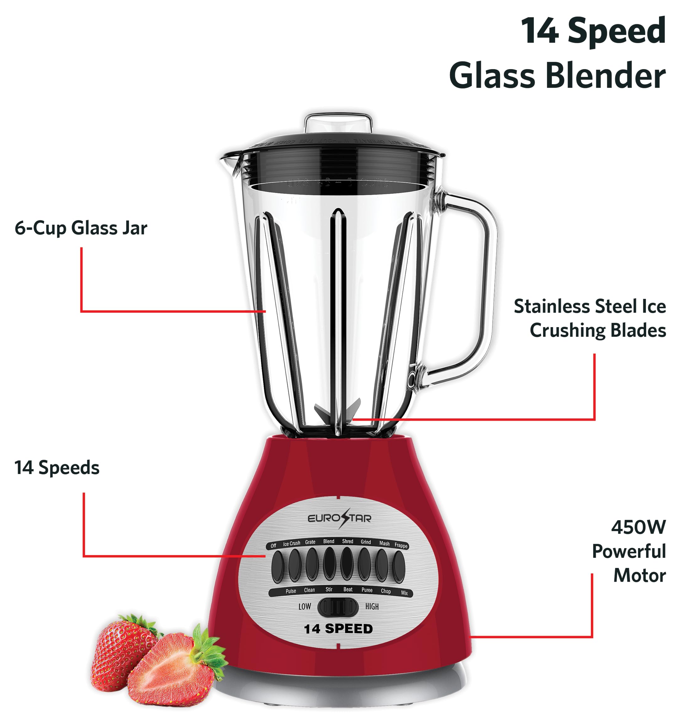 450W 14-Speed High Performance Glass Jar Blender - Red - Perfect for Smoothies, Juices, Sauces & Food Prep in Home Kitchen