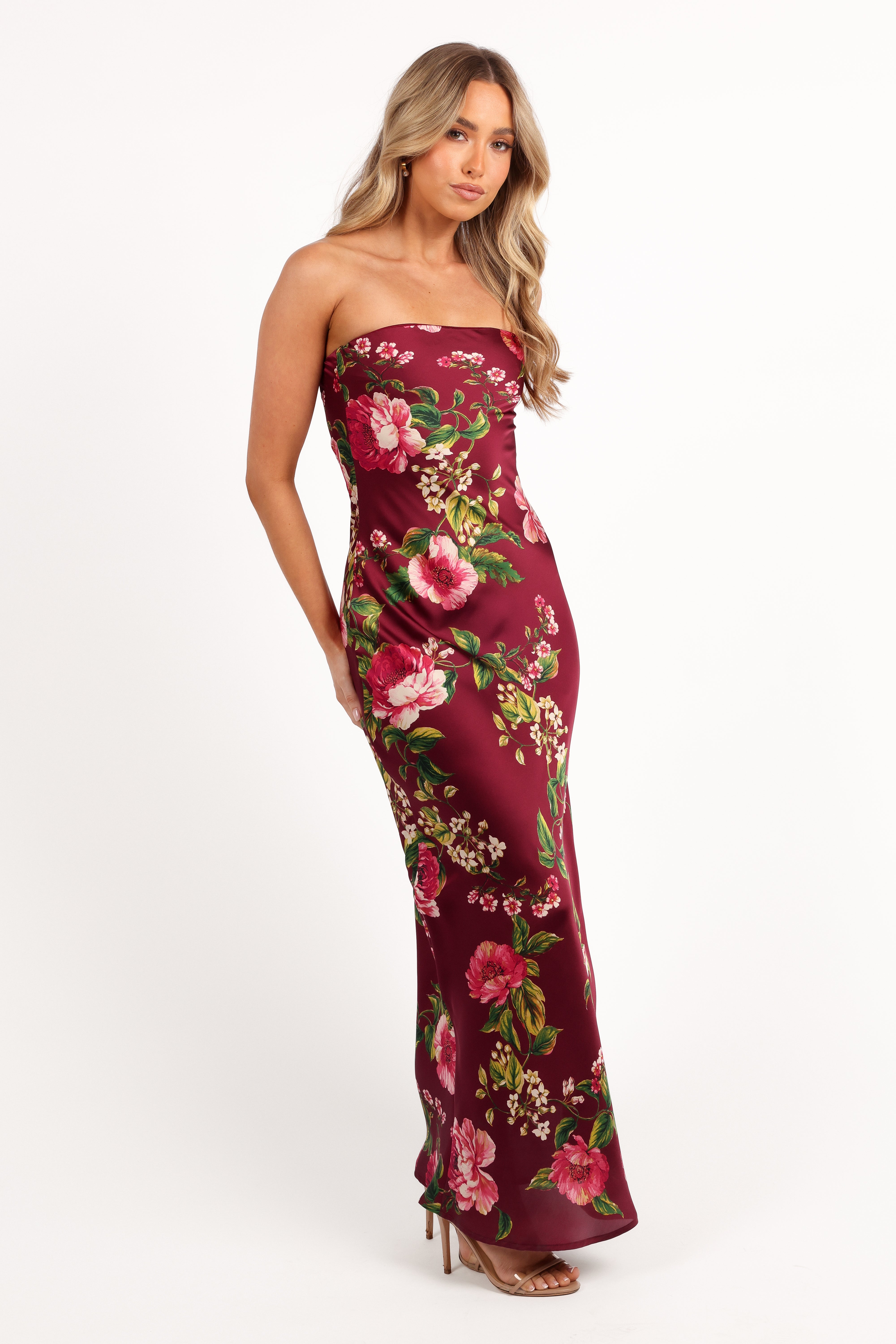 Bryden Maxi Strapless Dress - Burgundy Floral Print Long Formal Gown for Evening Parties, Weddings & Special Occasions