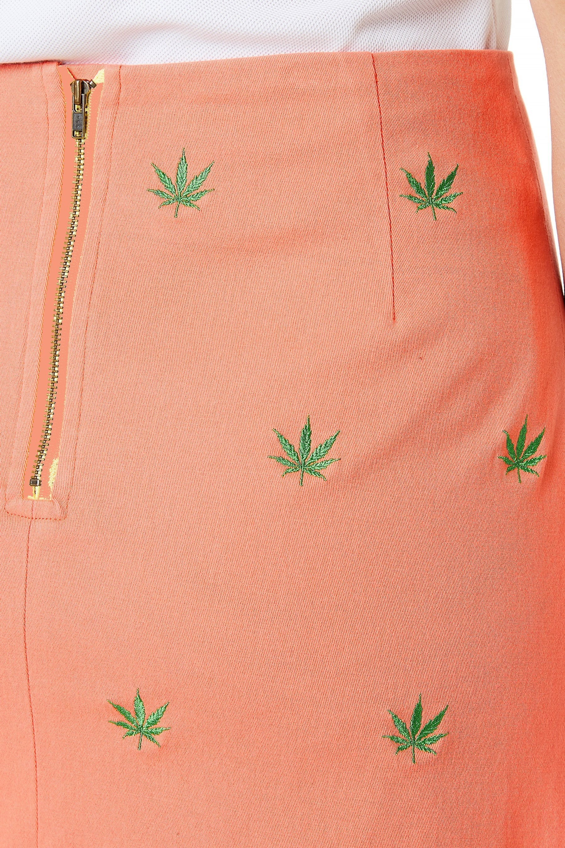 Stretchy Twill Ali Skirt with Pot Leaf Print in Coral - Boho Chic Skirt for Women, Perfect for Festivals, Beach Vacations & Casual Outings
