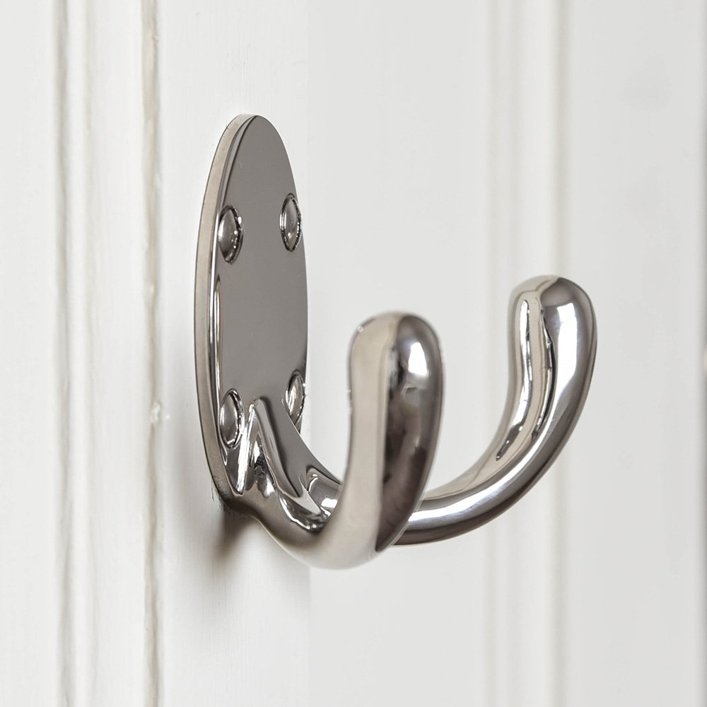 Polished Nickel Double Wardrobe Hook - Heavy Duty Large Coat Hooks for Bedroom, Bathroom & Entryway Organization