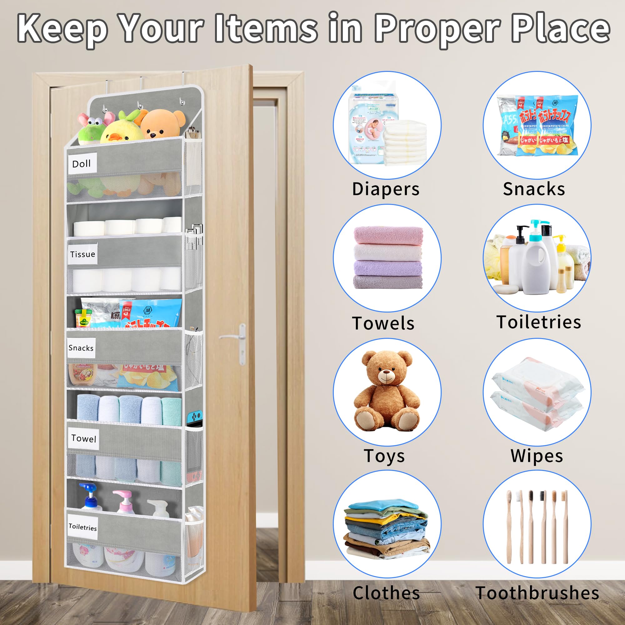 Over The Door Organizer with 5 Large Pockets & 10 Mesh Side Pockets - Heavy Duty 44lbs Capacity Hanging Storage for Nursery, Bathroom, Bedroom & Pantry - Perfect for Toys, Towels, Shoes & Pantry Items