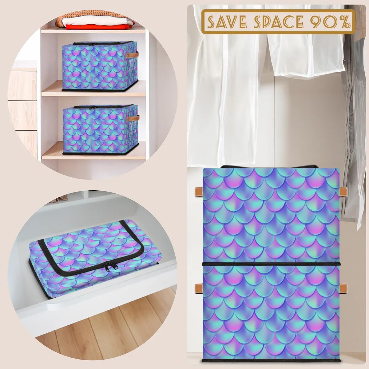 Colorful Fish Scale Pattern Zippered Storage Bins - Foldable Fabric Closet Organizer with Handles (2-Pack) for Clothes, Blankets, Toys - Perfect for Bedroom, Nursery & Closet Organization
