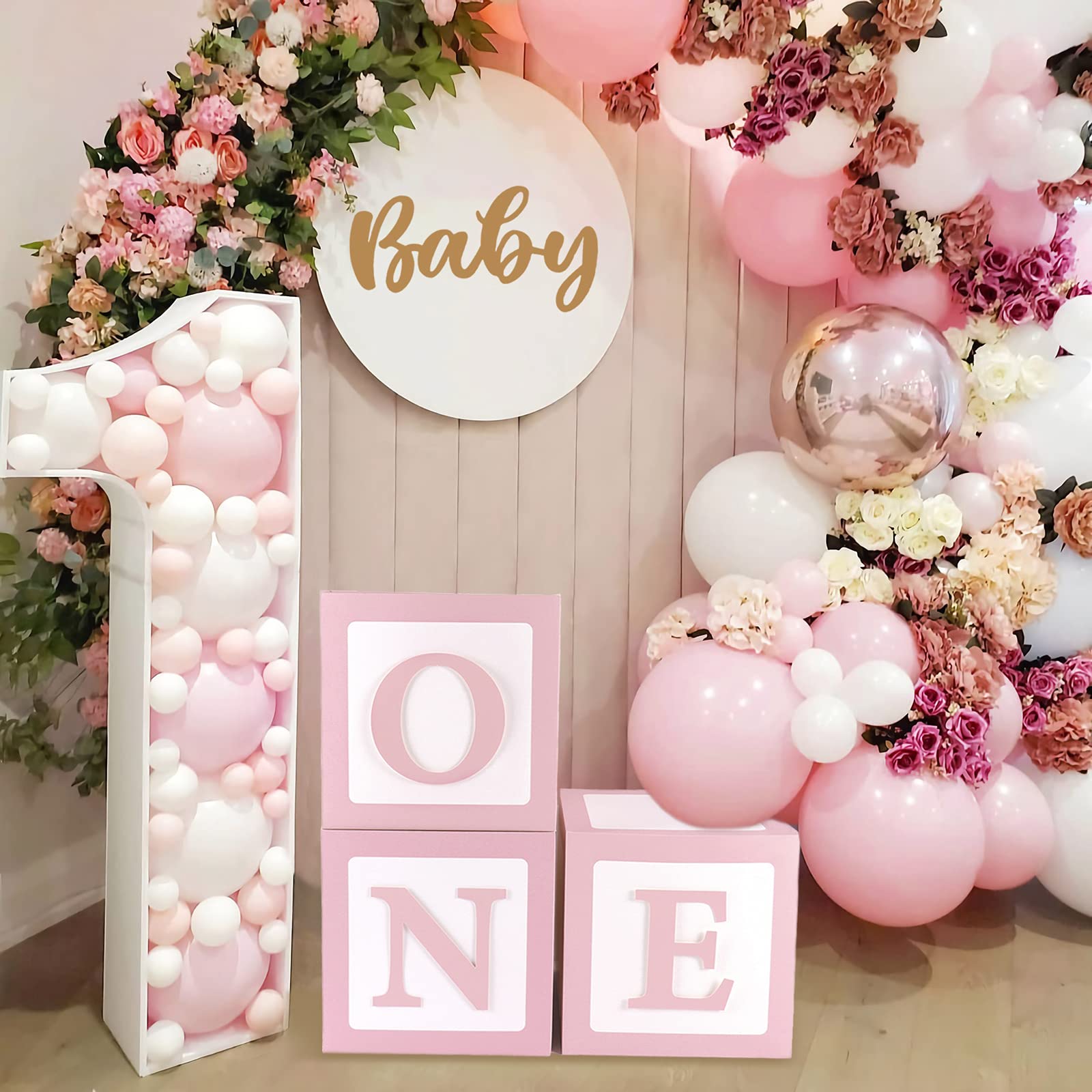 QIFU 1st Birthday Decorations for Girls - 3-Piece Pink ONE Letter Balloon Box Set with Blocks for Birthday Party Decor & Newborn Photo Props | Perfect for Baby's First Birthday, Gender Reveal, and Photography Backdrops