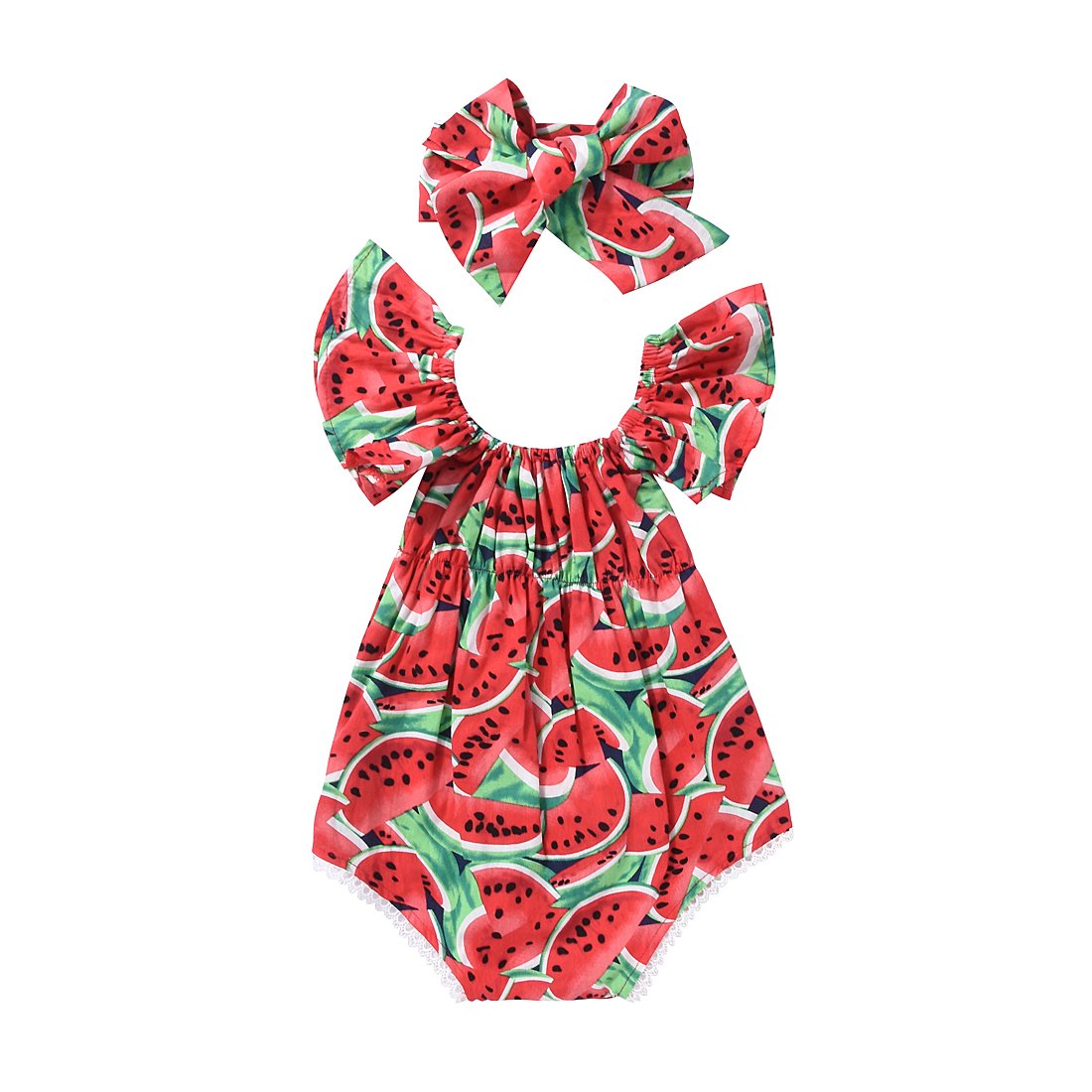 Newborn Baby Girls Watermelon Print Ruffle Bodysuit & Headband Romper Set - Cute Summer Outfit for Photoshoots, Beach Trips & Playdates