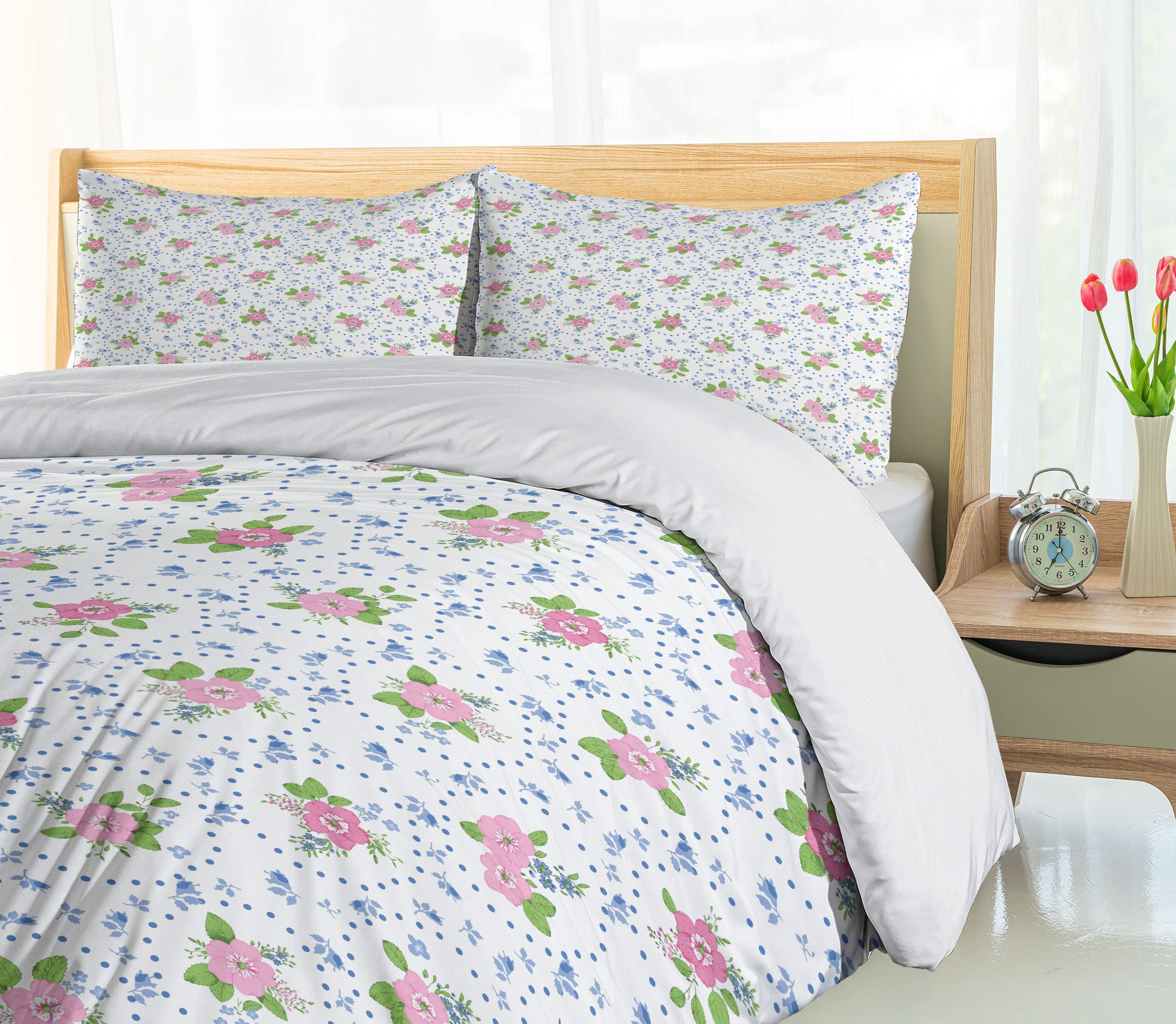 Ambesonne Shabby Floral Duvet Cover Set - Classic Peony Flowers with Circular Bouquets, 3-Piece Bedding Set (King Size, Pink & Blue) for Romantic & Nature-Inspired Bedroom Decor
