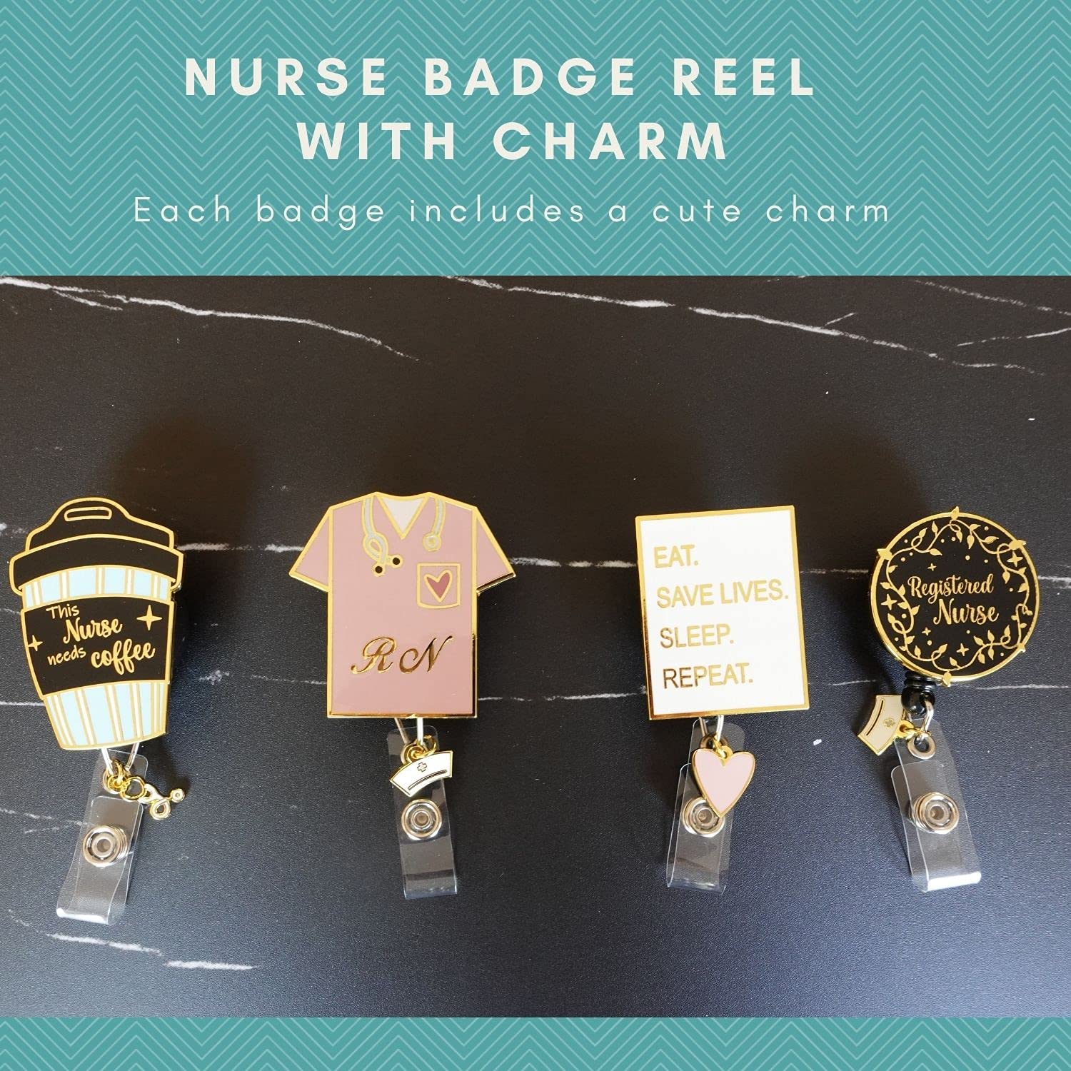 Retractable Nurse Badge Reel with Gold Plated Charm - First Lifesaver ID Holder for Nurses, Nursing Students & NPs (Mint Coffee) | Perfect for Hospitals, Clinics & Healthcare Professionals