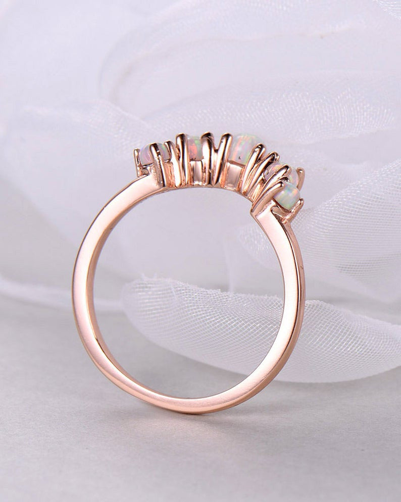 Art Deco 14K Rose Gold Opal Wedding Band - Stackable Curved Bridal Ring Set, Promise Ring for Women, Anniversary Gift for Her - Perfect for Engagement, Wedding, Stacking & Special Occasions
