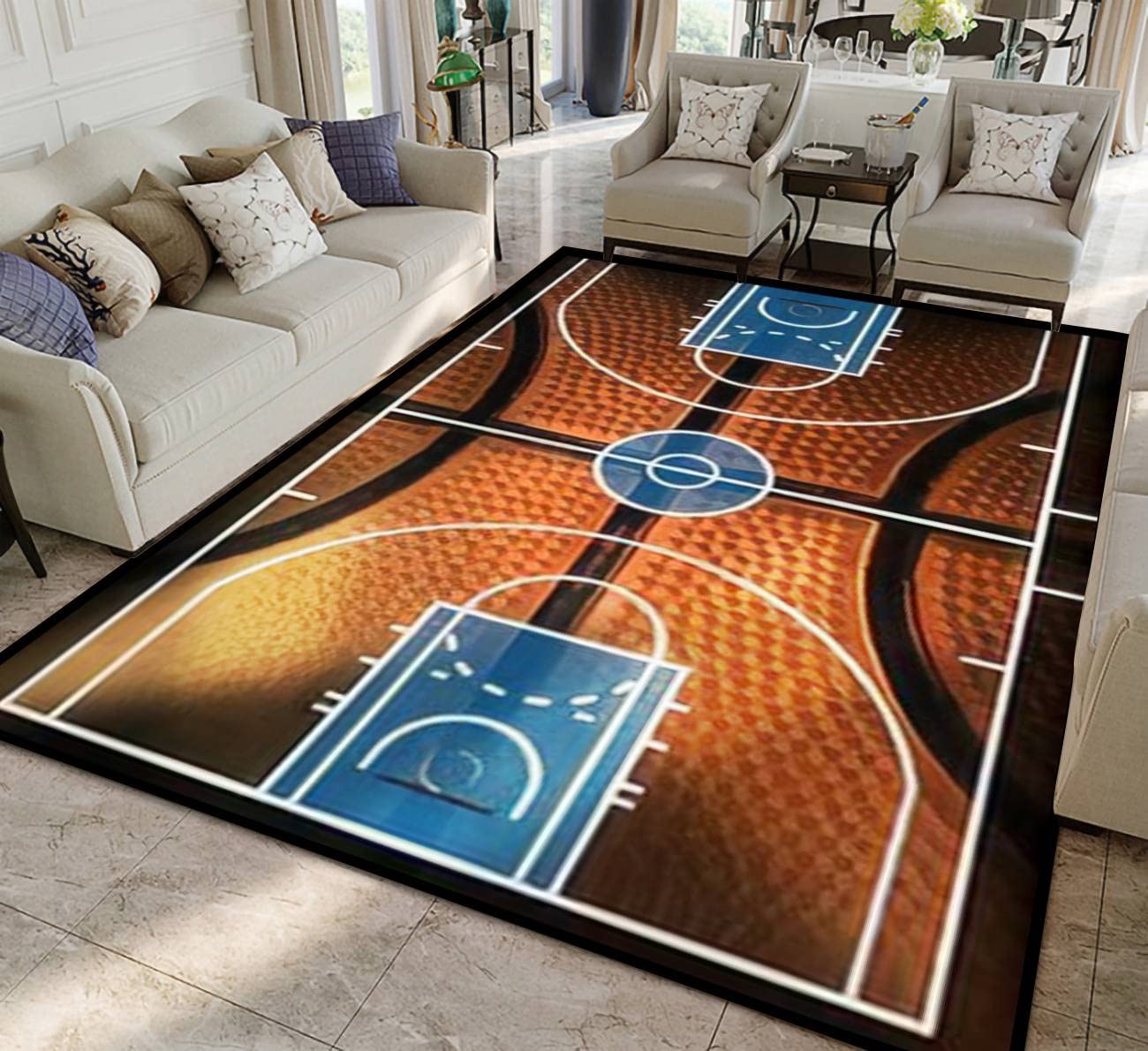 Black and Orange Basketball Court Area Rug - Non-Slip Game Room Mat for Boys Bedroom, Living Room Decor - Perfect for Sports Fans, Gamers & Modern Home Flooring