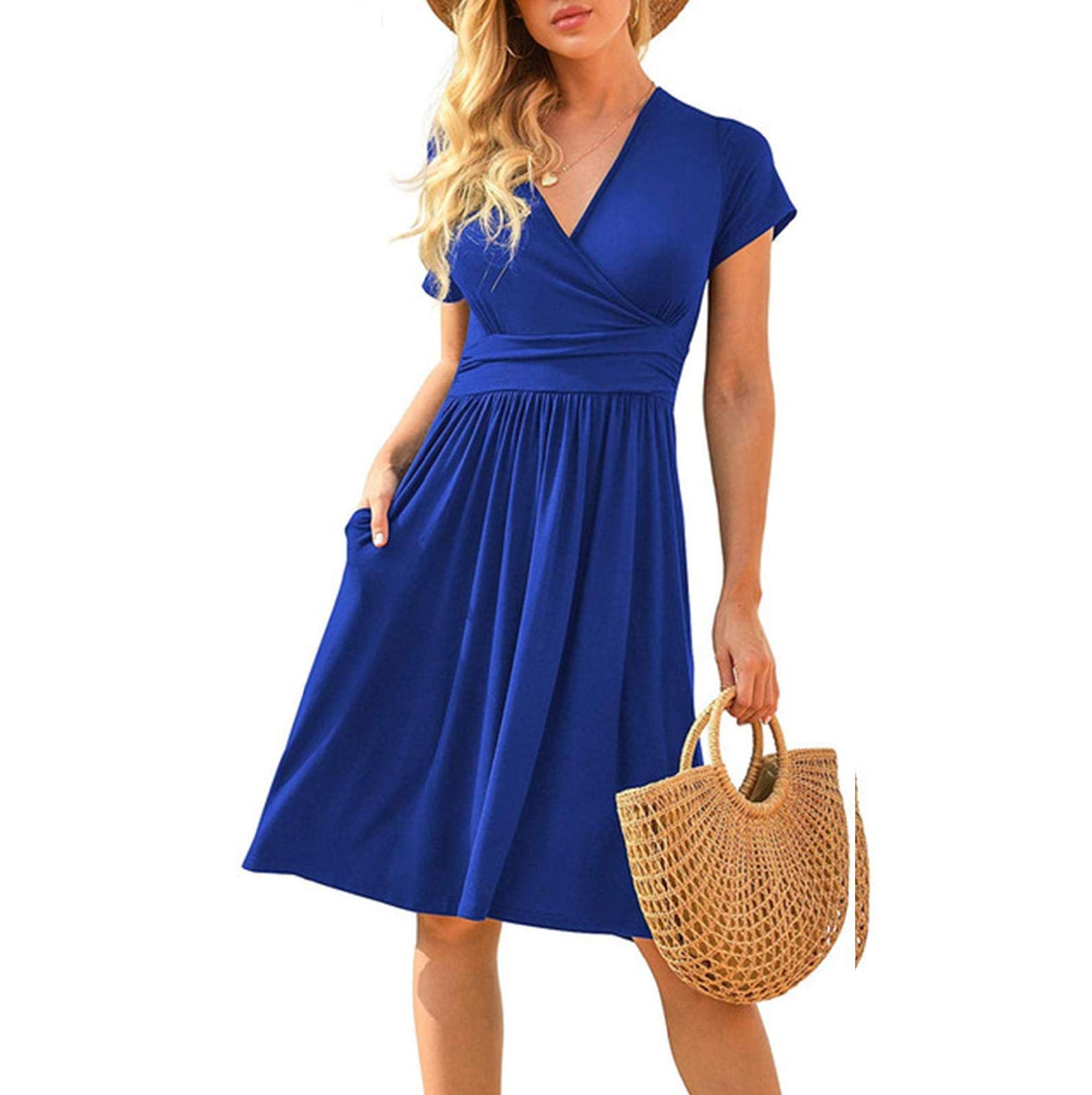 Women's Floral Summer Dress - Short Sleeve V-Neck Beach Party Dress with Pockets | Perfect for Vacations, Weddings & Outdoor Events