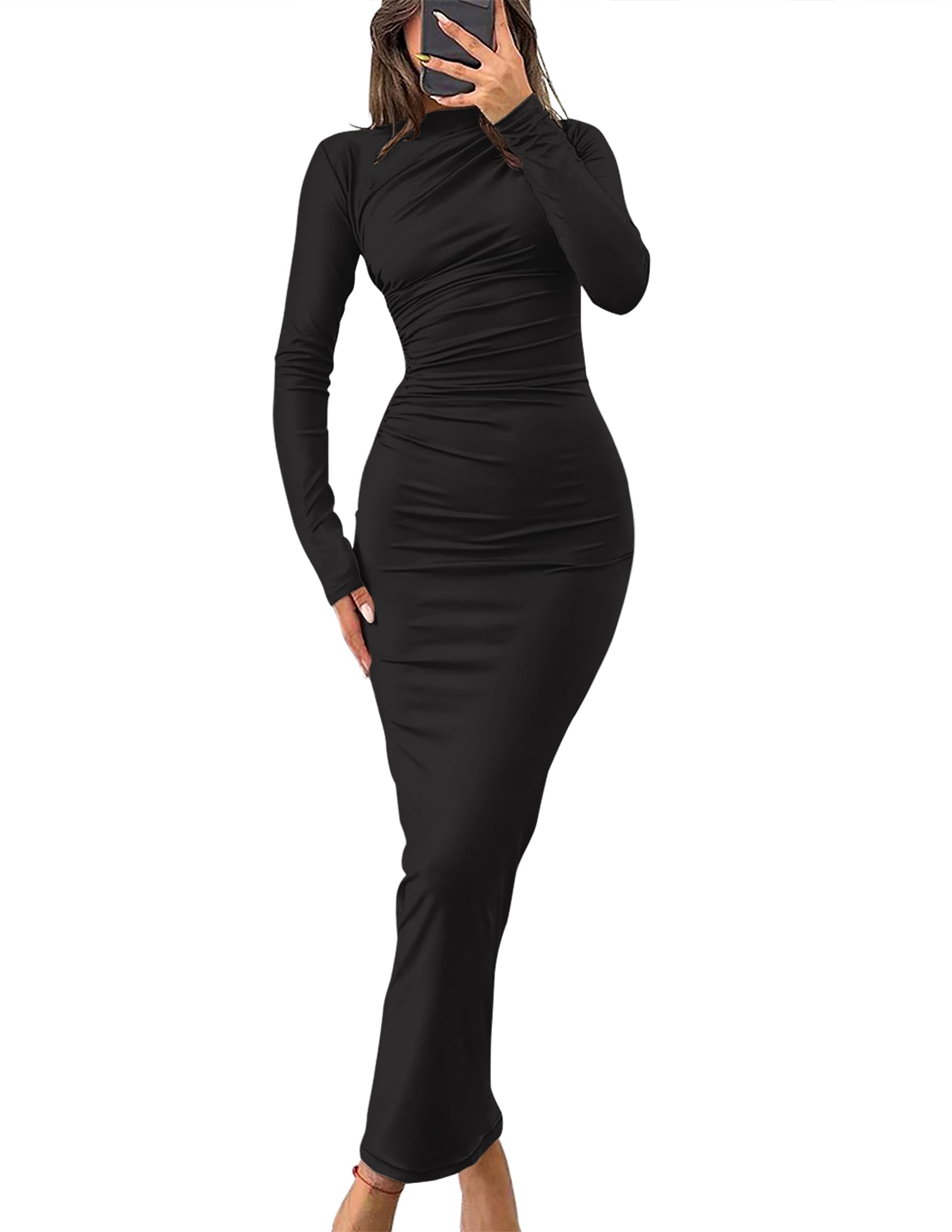 ZESICA Women's Sexy Ruched Long Sleeve Bodycon Maxi Dress - Slim Fit Cocktail Party Dress for Spring, Perfect for Night Out, Date Night & Special Occasions