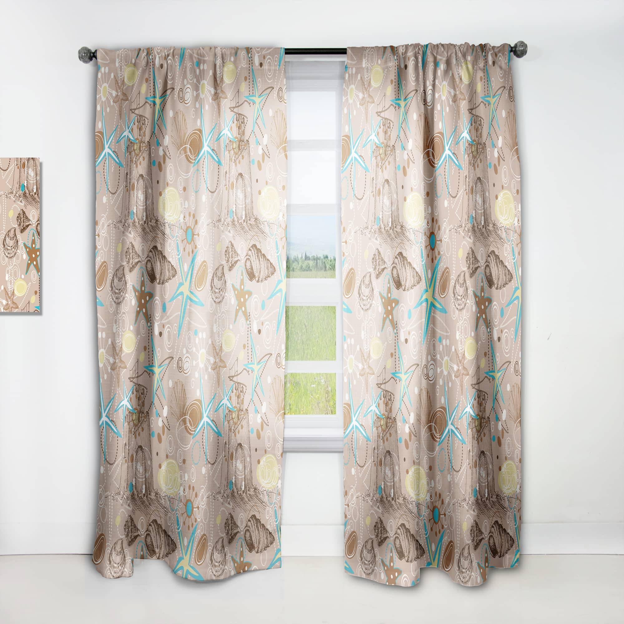 DesignQ Thermal Insulated Beach Themed Curtains with Shells & Sea Stars - Single Panel 52x108 - Perfect for Bedroom & Living Room - Create Coastal Vibes & Energy Efficiency