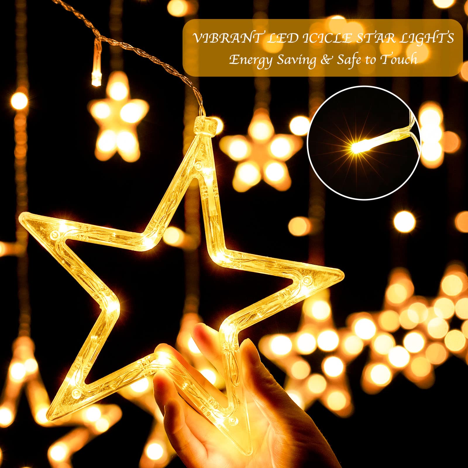 138 LED Star Curtain Fairy Lights - 9ft Plug-in Connectable Twinkle Lights with 12 Star Drops & Remote (8 Lighting Modes) - Warm White Indoor Christmas, Ramadan, Bedroom, Window Decorations - Perfect for Holiday Parties, Wedding Backdrops & Cozy Home Ambiance