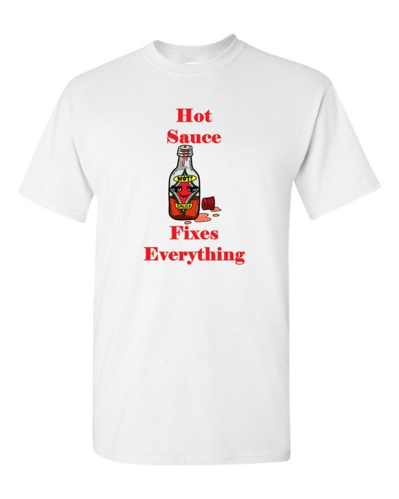 Hot Sauce Fixes Everything Funny Adult T-Shirt - Cool Graphic Tee for Spicy Food Lovers - Perfect for Casual Wear, Gifts & Hot Sauce Enthusiasts