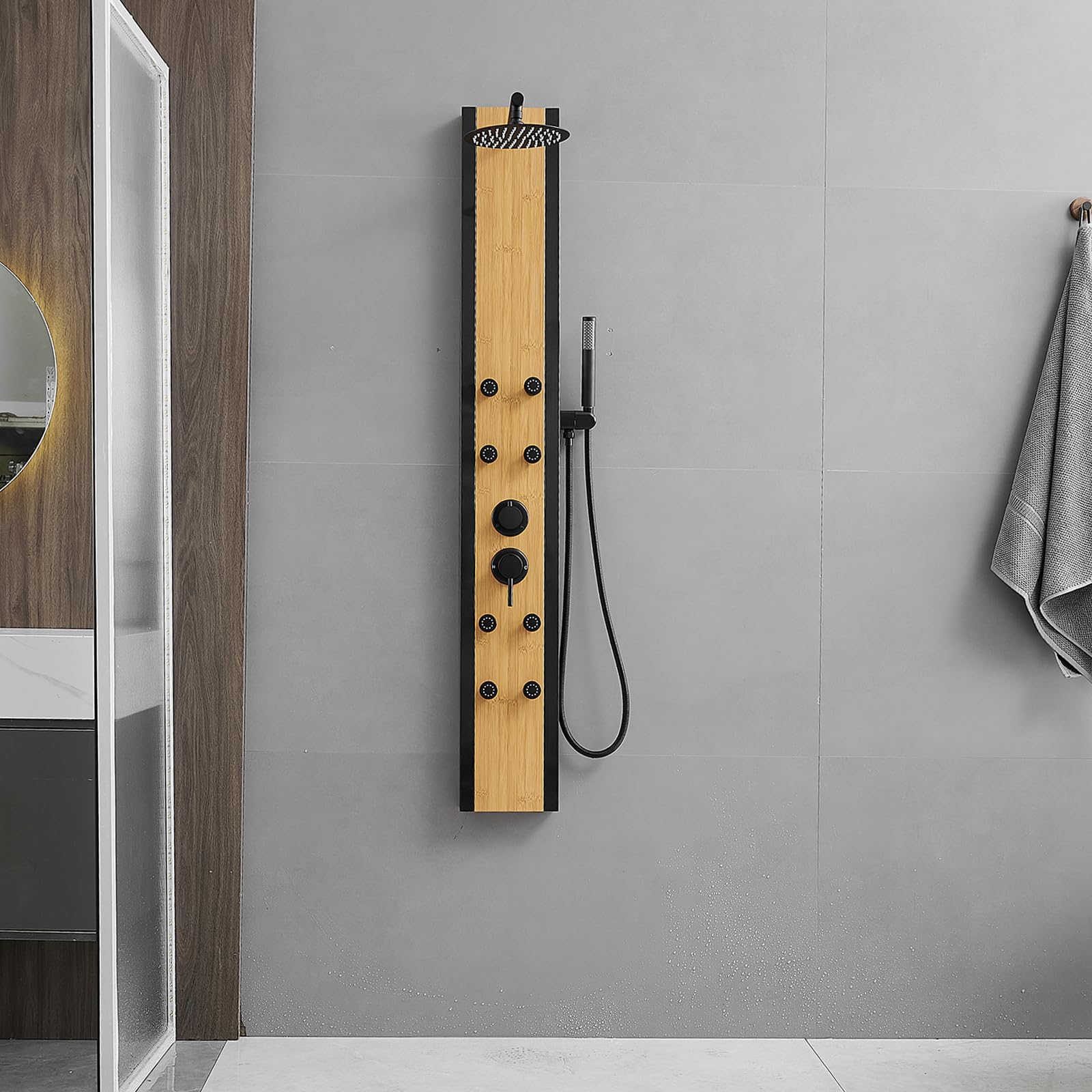 Bamboo & Stainless Steel Rainfall Shower Panel System with 8 Body Jets, Adjustable Round Shower Head & Handheld Wand - Luxury Spa Experience for Modern Bathrooms