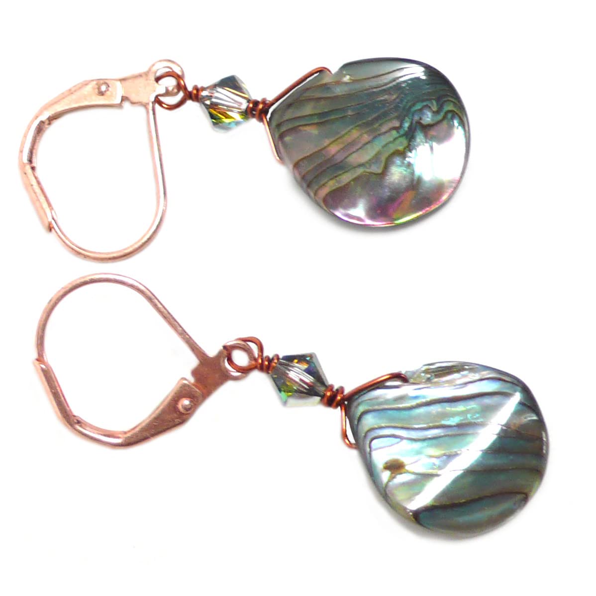 Elegant Abalone Teardrop Copper Earrings with Crystal Accents - Lever Back & Clip-On Options for Women | Perfect for Weddings, Parties & Special Occasions