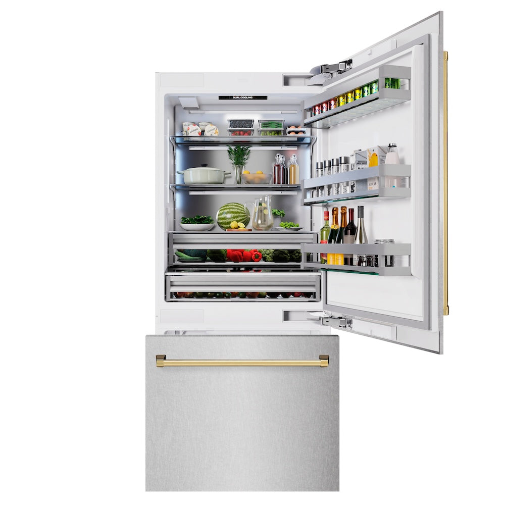 ZLINE Autograph Edition 36 Inch Built-In Bottom Freezer Refrigerator - 19.8 cu.ft Capacity, Water Dispenser & Ice Maker - Satin Stainless Steel with Polished Gold Accents (RBITZ SN 36 G) - Perfect for Modern Kitchens, Open Concept Homes & Luxury Appliances Collection