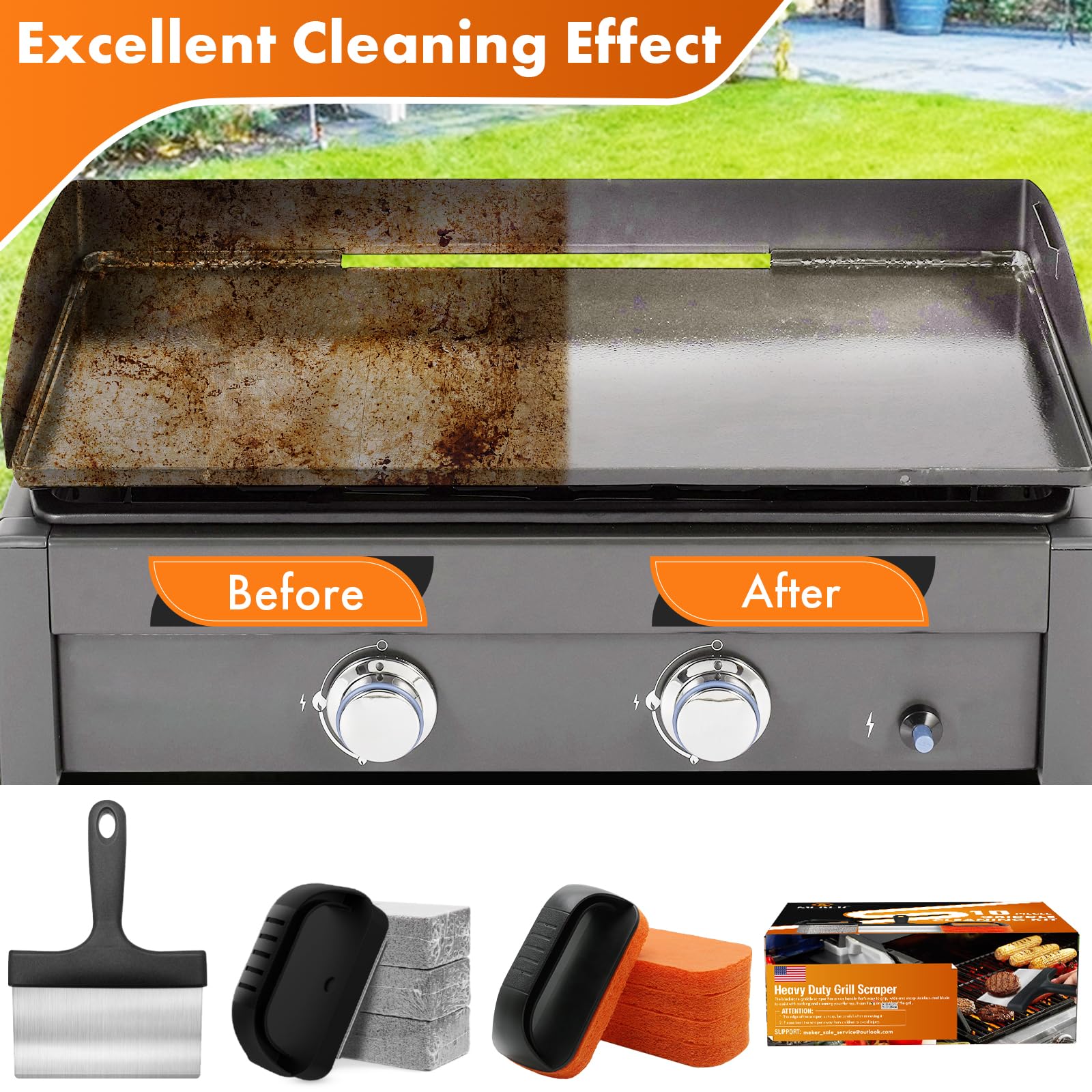 **MEKER Blackstone Griddle Cleaning Kit - 10-Piece Flat Top Grill Scraper Set with Grill Stone, Upgraded Scouring Pads & Handle Brush - Effortless Stain Removal for Outdoor Cooking & BBQ Maintenance**