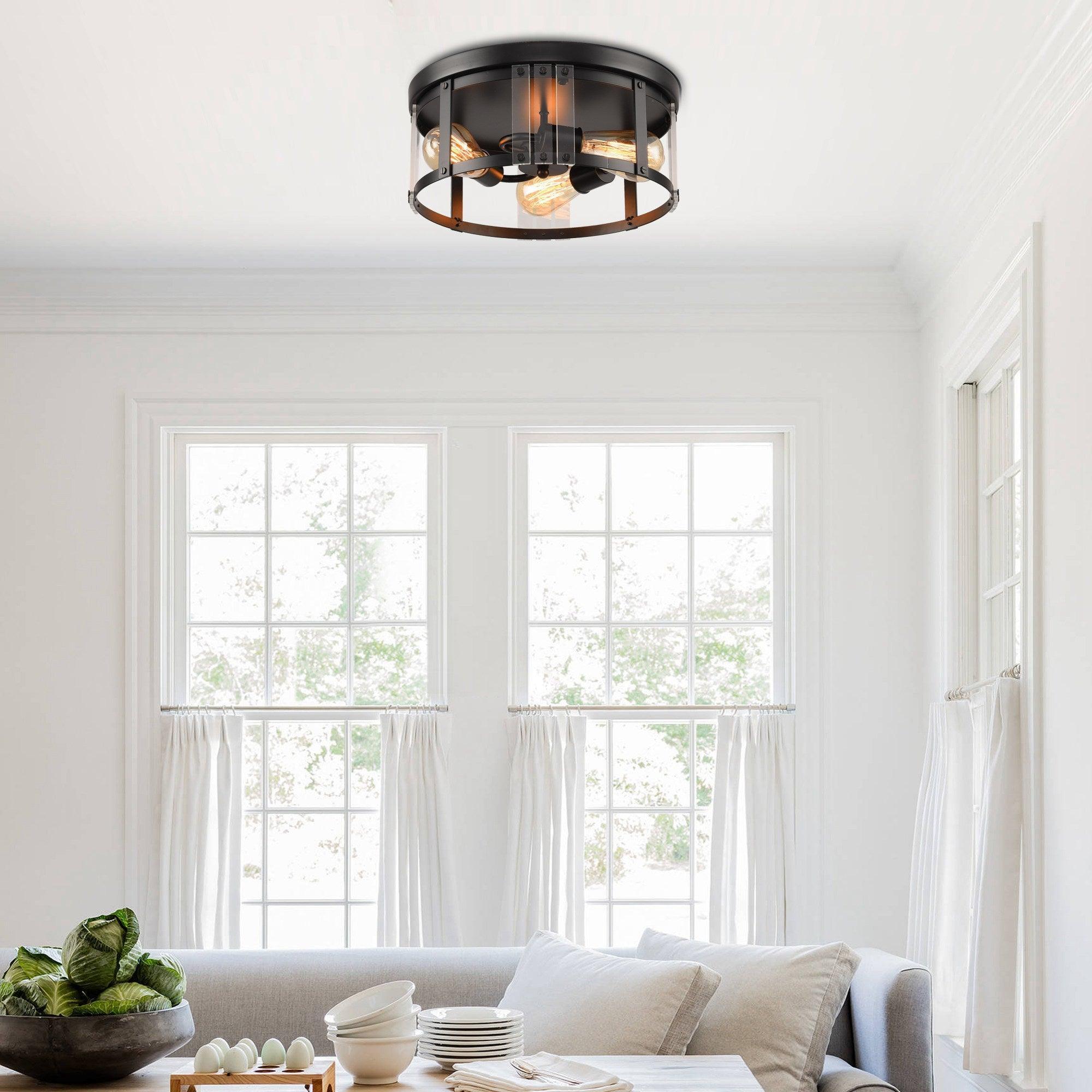 Black 3-Light Farmhouse Flush Mount Ceiling Light Fixture - Rustic Vintage Style for Kitchen, Dining Room & Bedroom Lighting