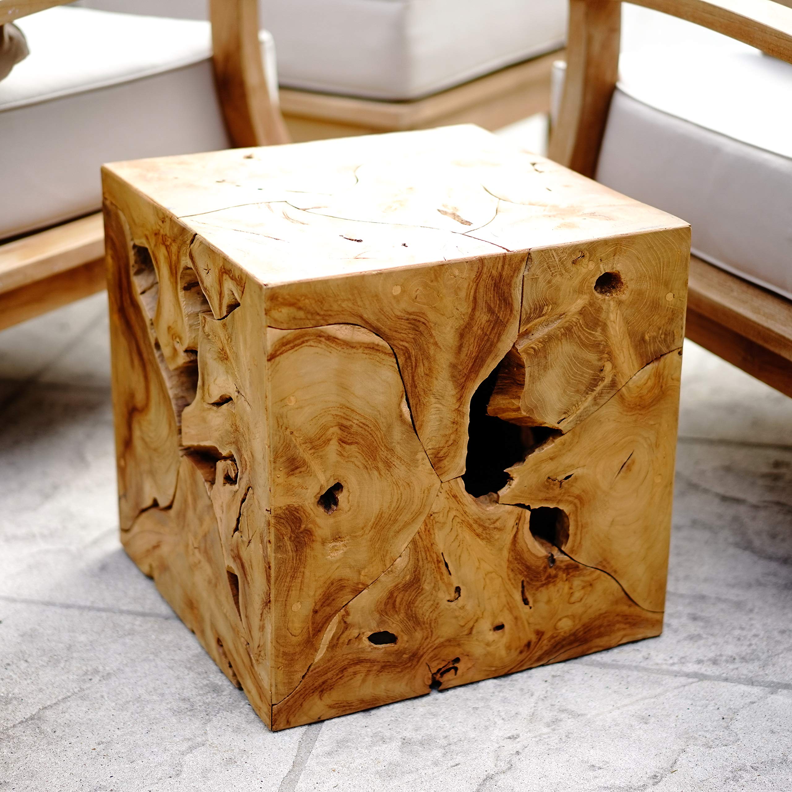 Premium Teak Root Side Table - Solid Grade-A Teak Wood with Natural Grain, Weatherproof Outdoor Coffee Table for Patio, Garden & Living Room - 17.55
