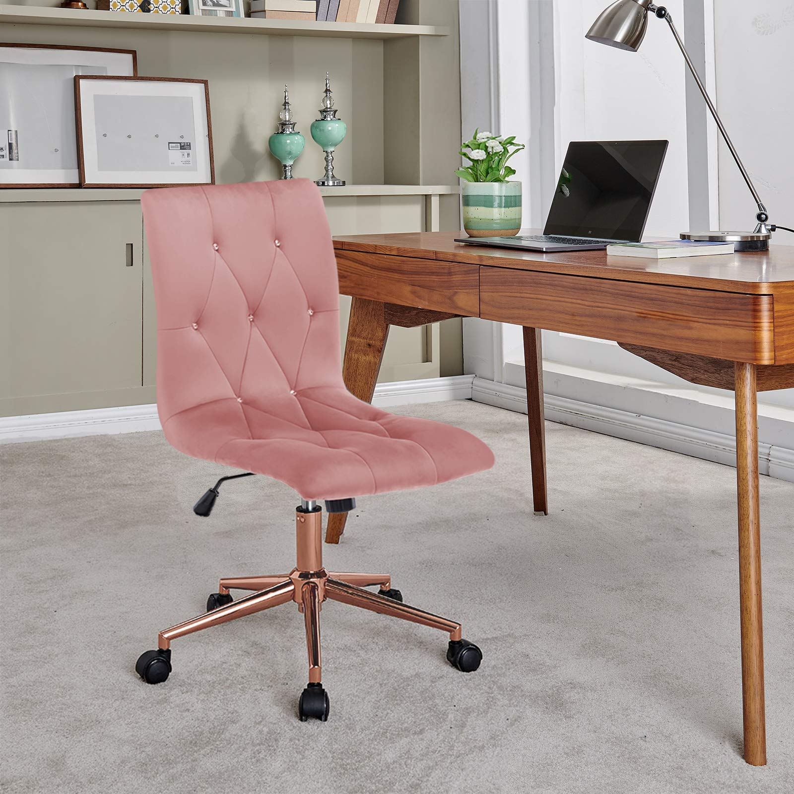 DUHOME Velvet Tufted Armless Office Chair with Golden Base - Adjustable Rolling Desk Chair for Home Office, Computer Work & Vanity - Pink Modern Ergonomic Swivel Chair with Wheels | Perfect for Small Spaces, Gaming Setup & Makeup Station