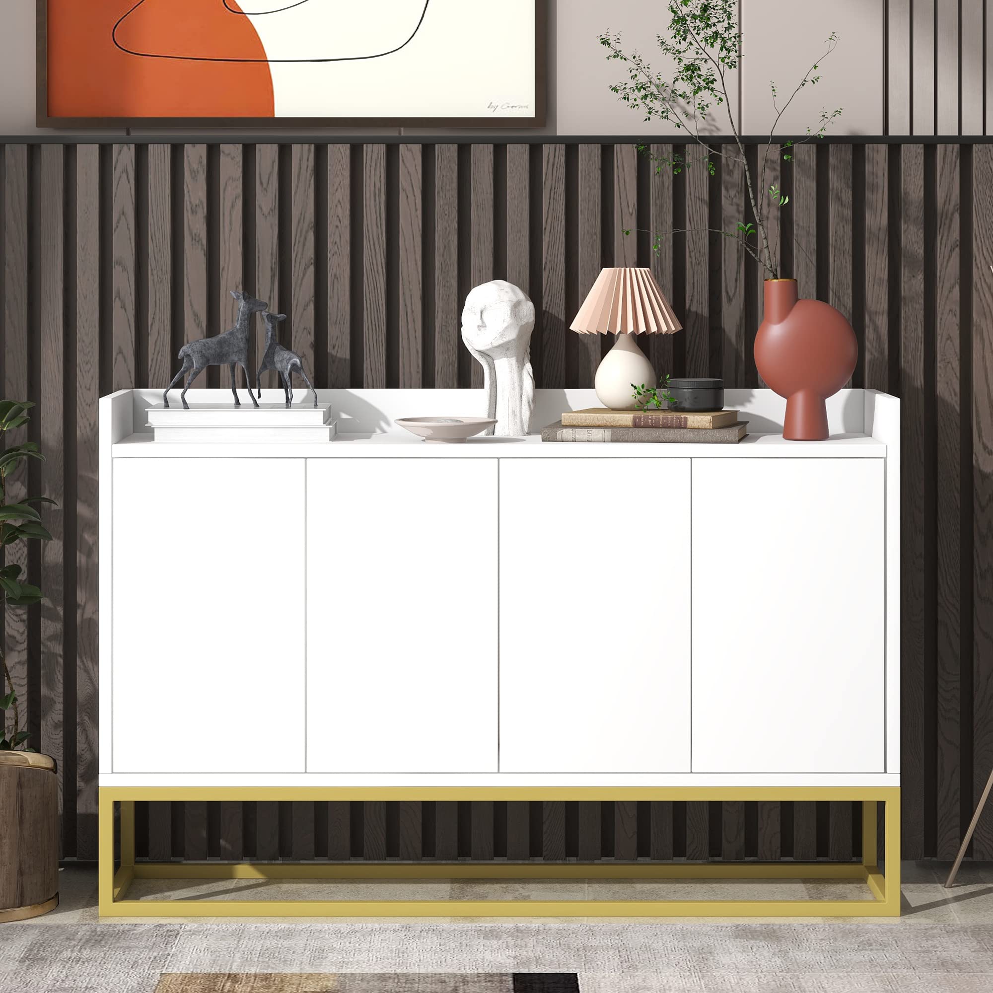 Modern White Sideboard Console Table with Metal Legs & Adjustable Shelf, Elegant Buffet Cabinet for Dining Room, Living Room, Entryway Storage Solution