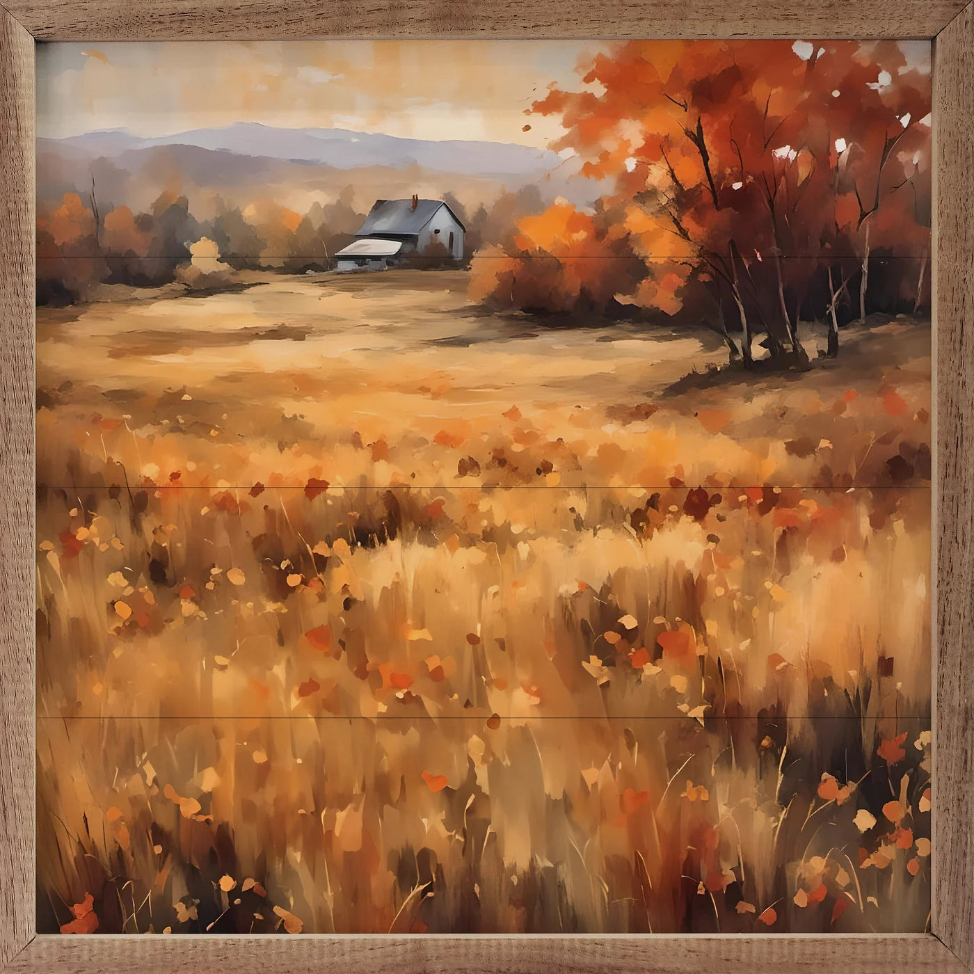 Autumn Field House Wood Framed Wall Art Print - Rustic Farmhouse Decor for Living Room, Bedroom & Office
