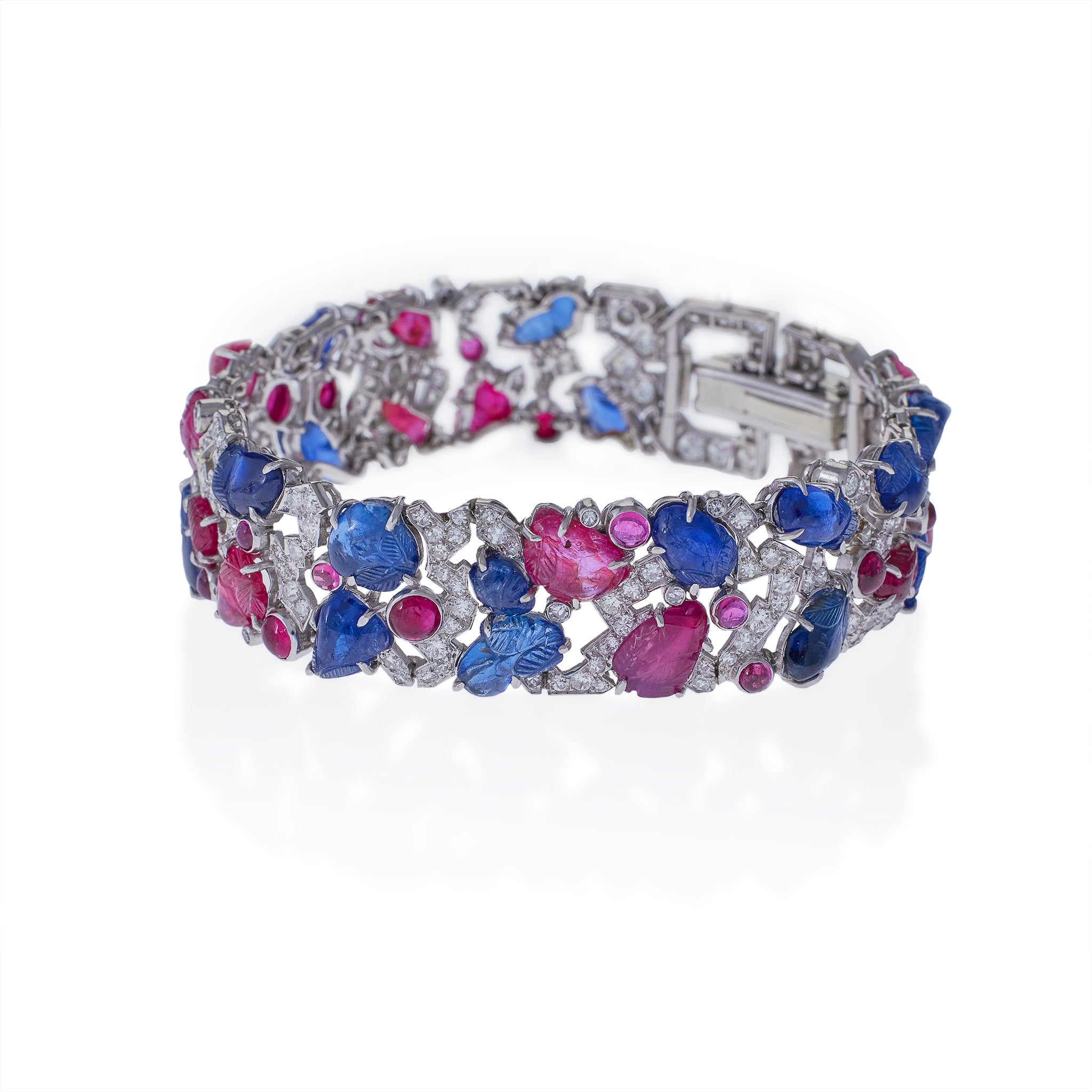 Exquisite Carved Ruby, Sapphire & Diamond Tutti Frutti Bracelet – Vintage Luxury Strap for Women | Perfect for Weddings, Parties & Special Occasions