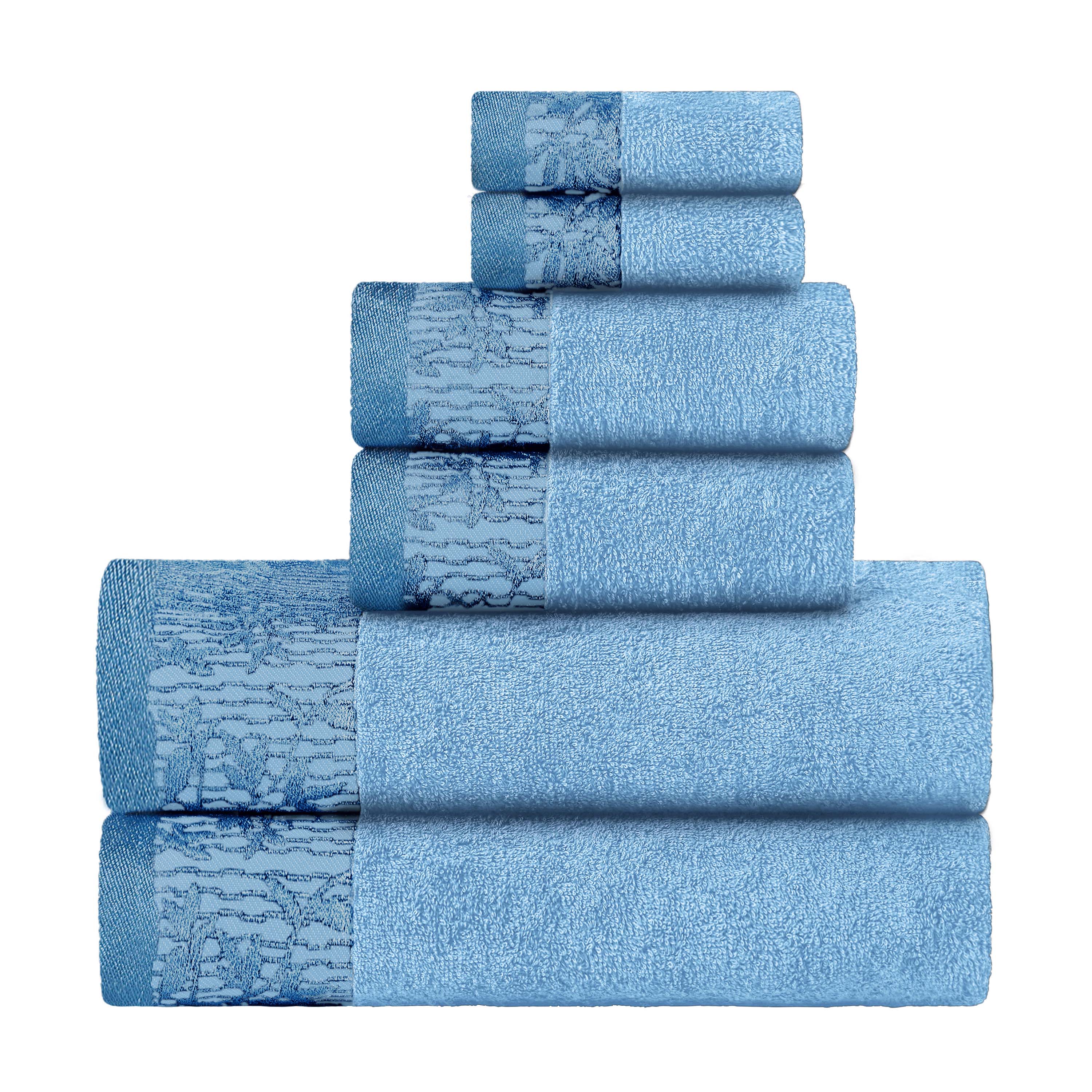 Wisteria Cotton Floral Embroidered Jacquard Border 6-Piece Bath Towel Set - Soft & Absorbent for Spa, Bathroom & Guest Use