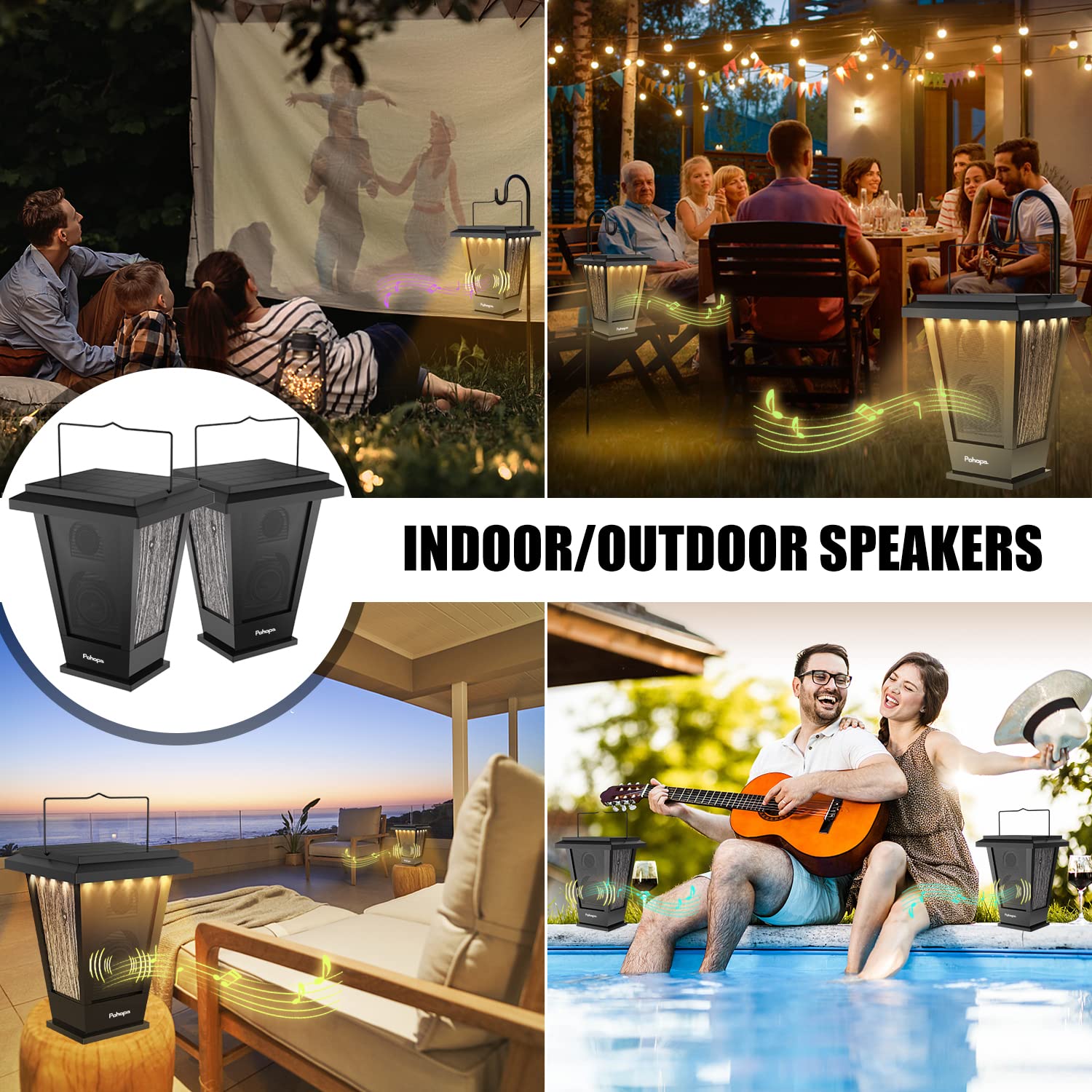 Pohopa 2 Pack Waterproof Bluetooth Speakers with Solar Power, 20W True Wireless Stereo Sound, Dual Pairing, 20 LED Lights & Rich Bass - Perfect for Outdoor Camping, Beach Parties, and Indoor Decor (Black)